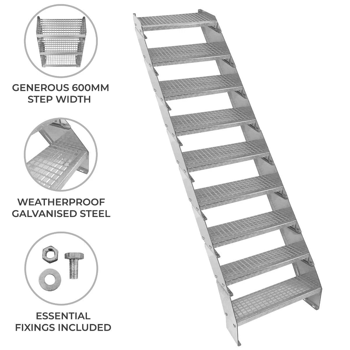 Monster Shop Adjustable 9 Section Galvanised Staircase - 600mm Wide -