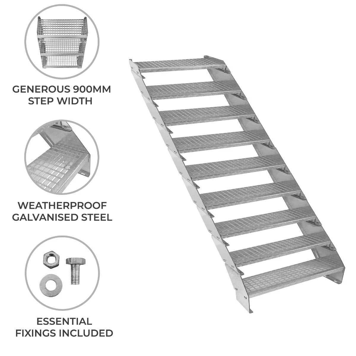 Adjustable 9 Section Galvanised Staircase - 900mm Wide by Monster Shop