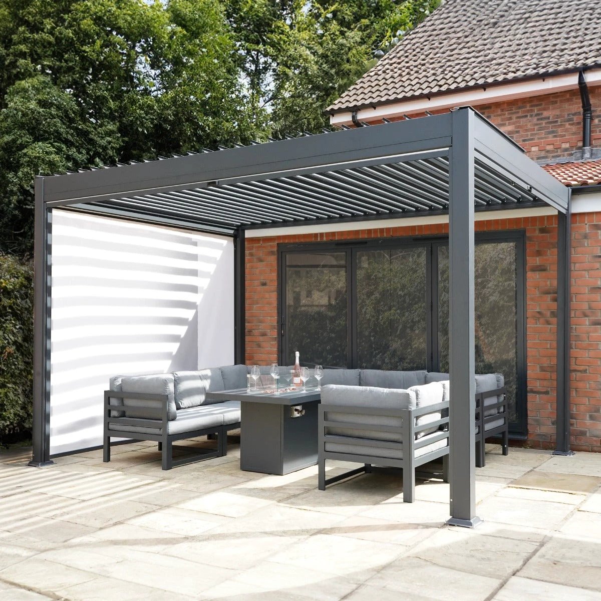 Monster Shop Anthracite Aluminium Pergola 3m x 3m With White Blinds And LED Lights For Outdoor Living - Uncategorized Gazebos