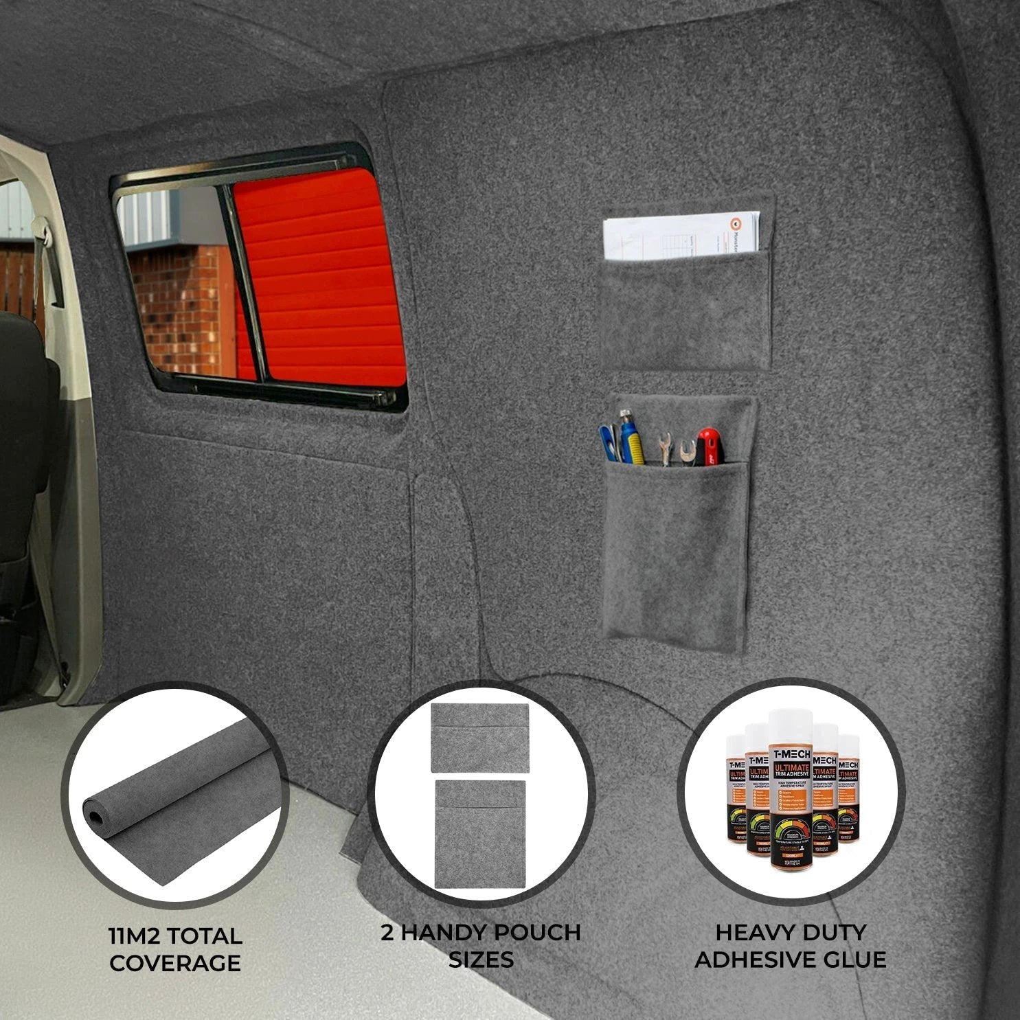 Smoke Grey Van Carpet Lining, Storage Pouches & Adhesive Glue by Monster Shop
