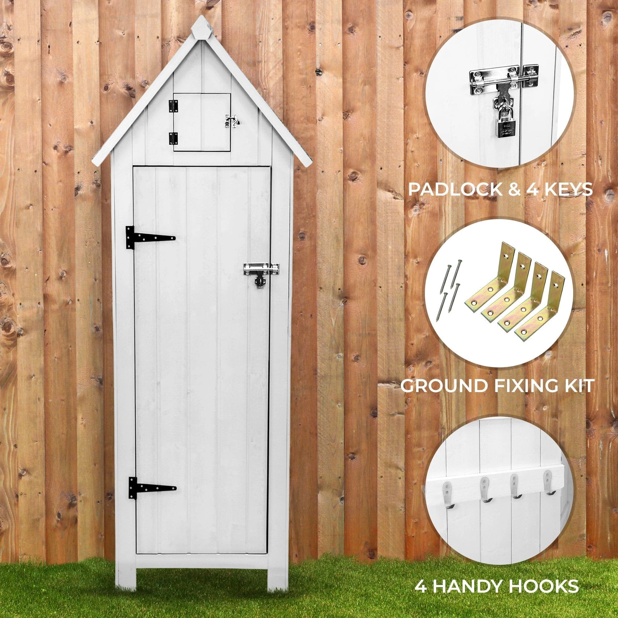 Monster Shop Premium Wooden Garden Shed White Standard Size With Three Shelves For Tool Storage Outdoor Use - Uncategorized Garden Shed