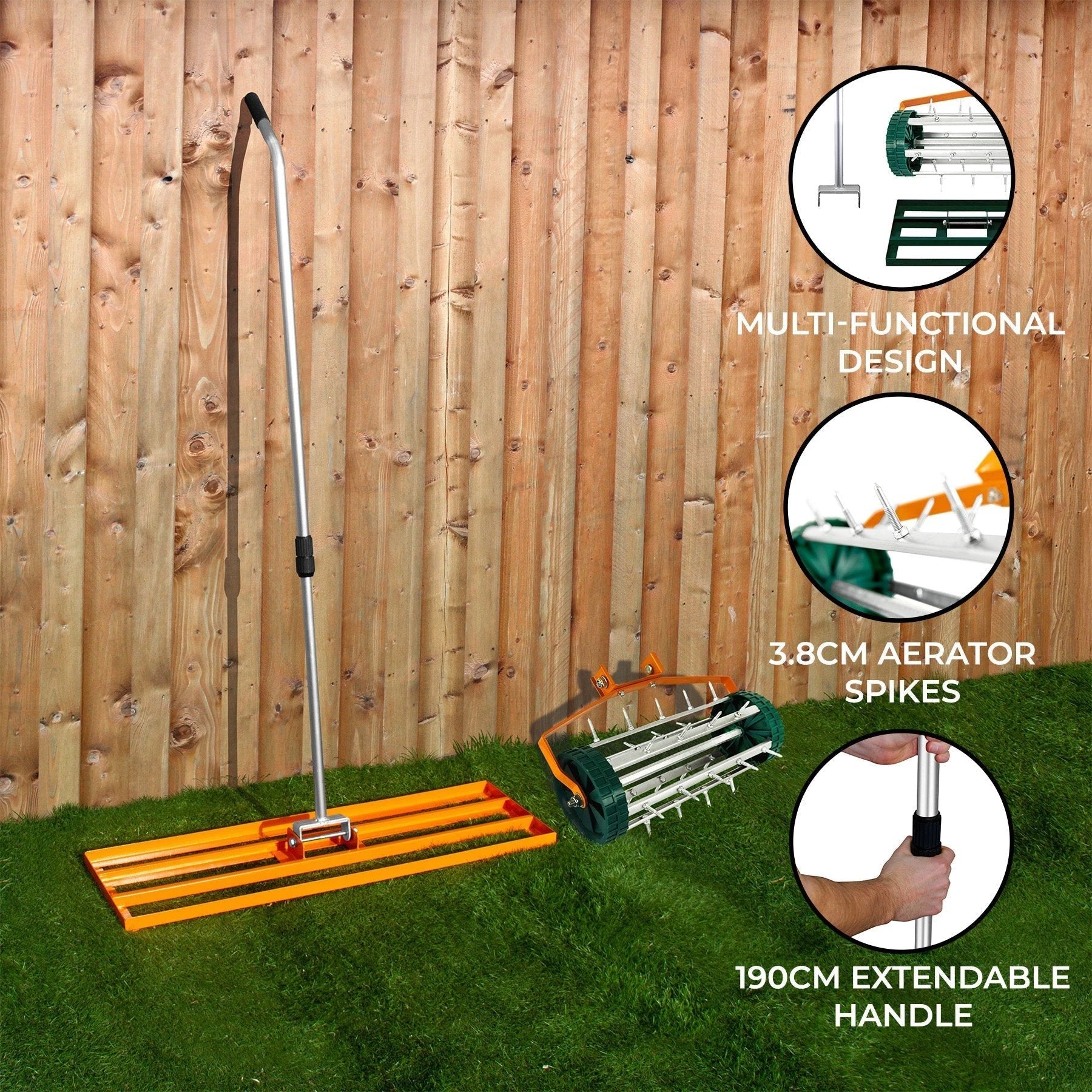 Monster Shop 100cm Lawn Leveller & Aerator – Orange -
