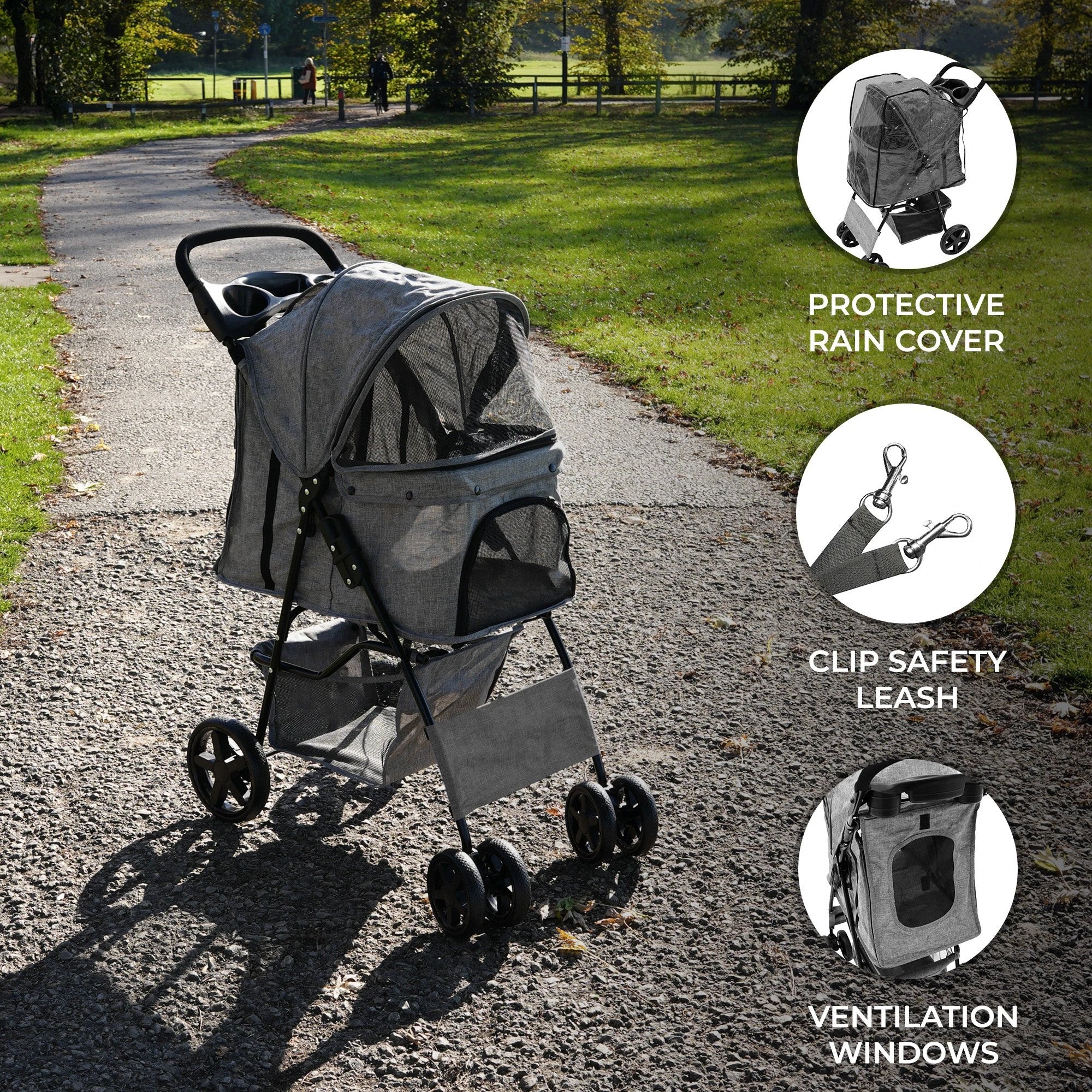 Pet Stroller with Rain Cover - Woven Grey by Monster Shop
