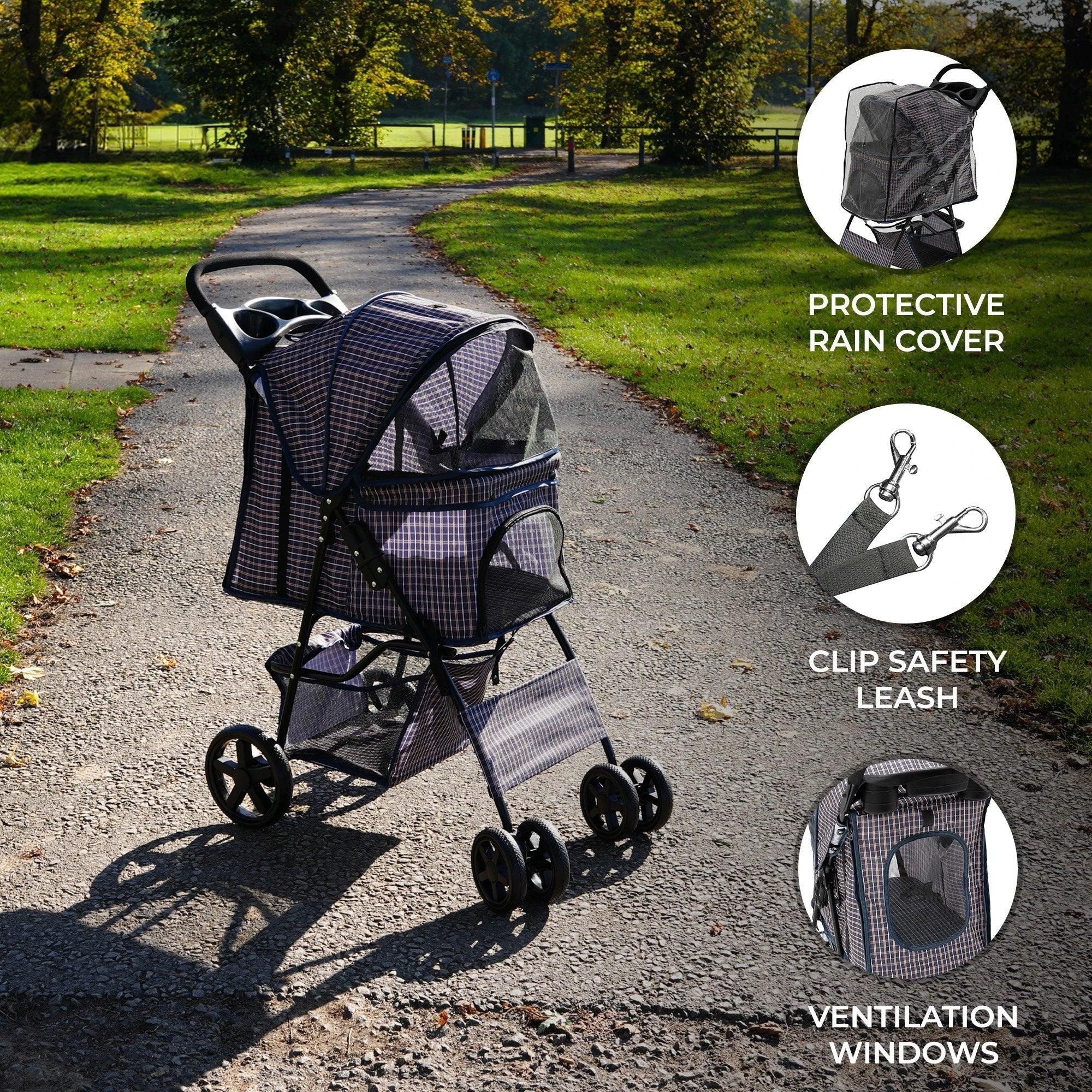 Pet Stroller with Rain Cover – Blue Tartan by Monster Shop
