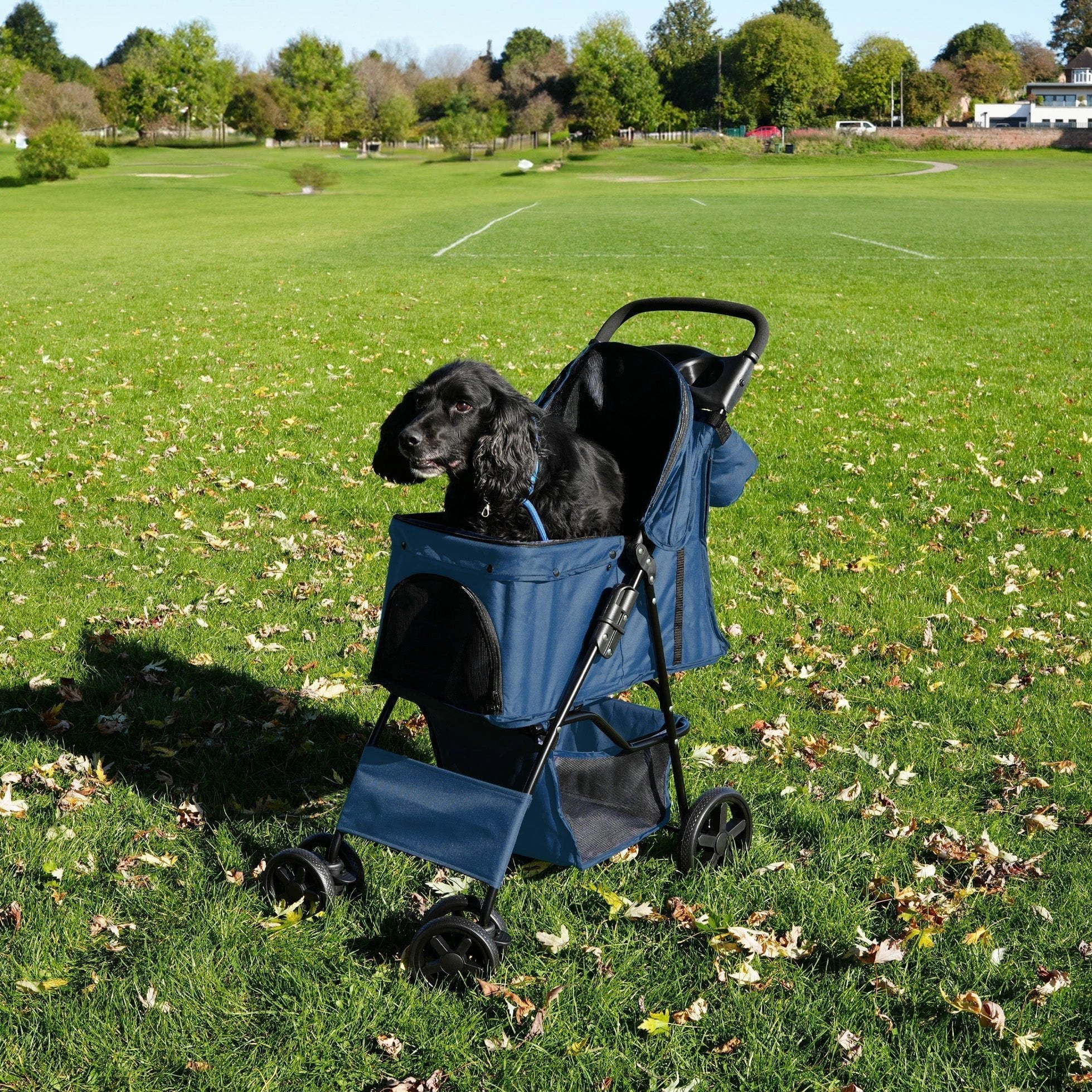 Pet Stroller with Rain Cover & Caddy Bag - Navy Blue by Monster Shop