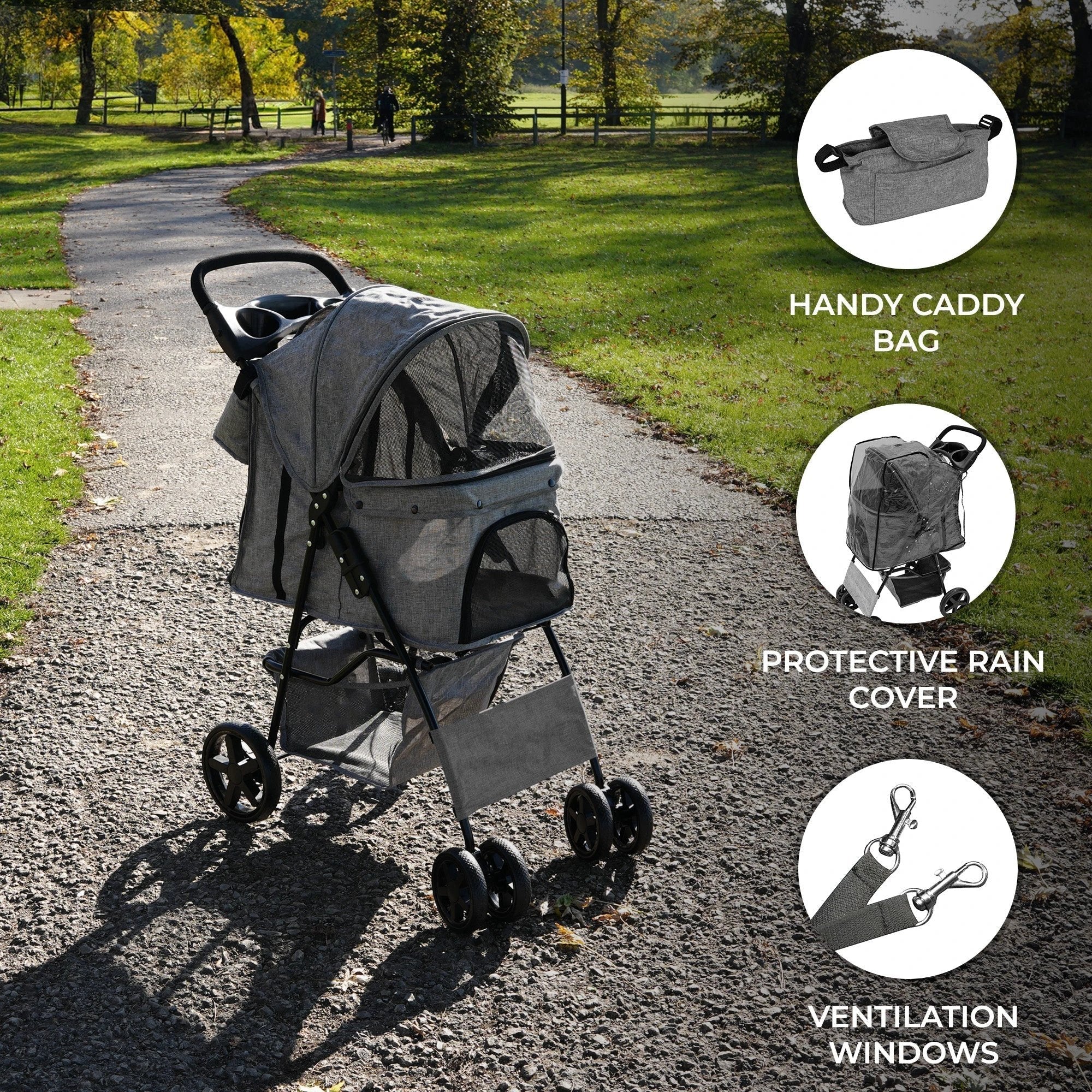 Pet Stroller with Rain Cover & Caddy Bag - Woven Grey by Monster Shop