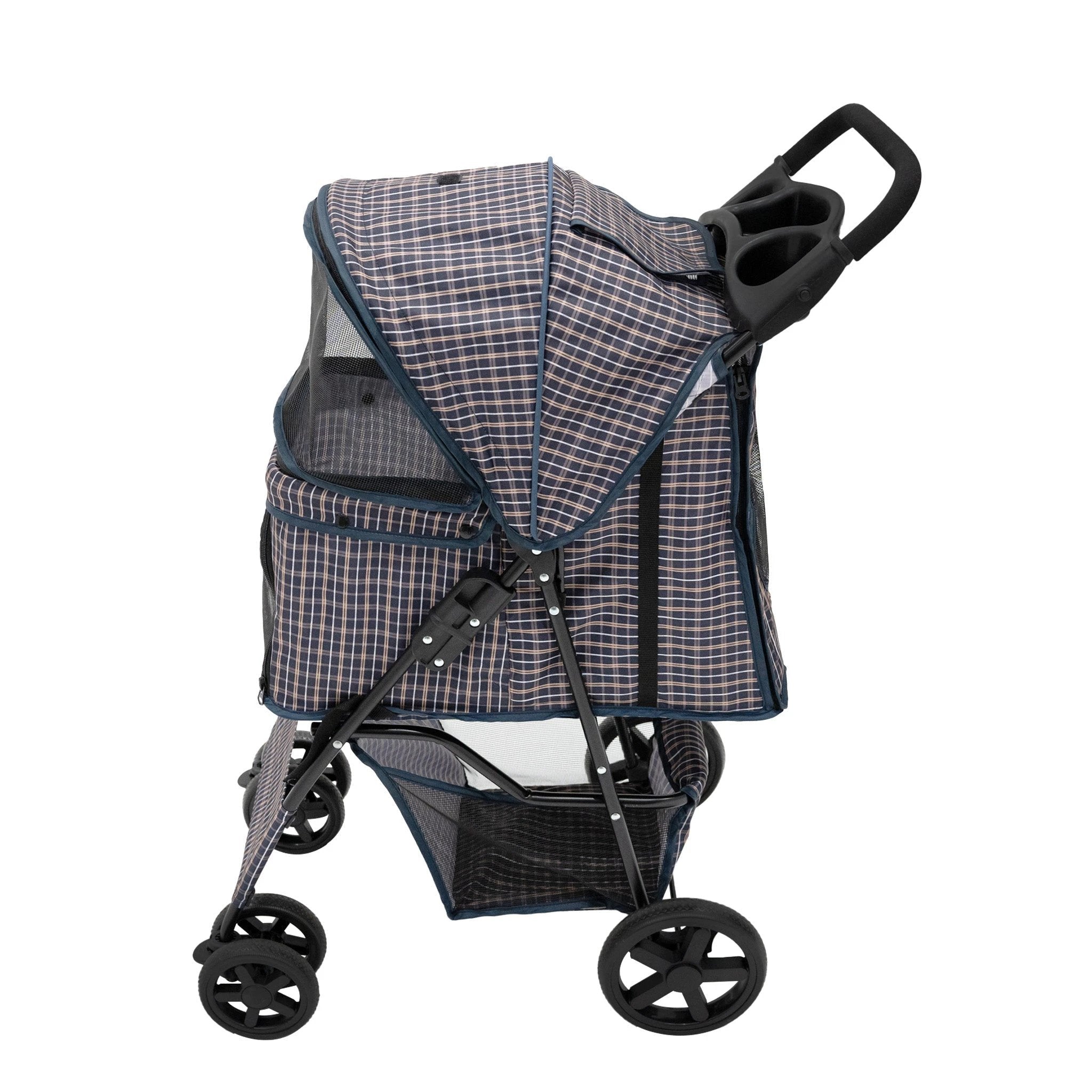 Pet Stroller with Rain Cover & Caddy Bag - Blue Tartan by Monster Shop