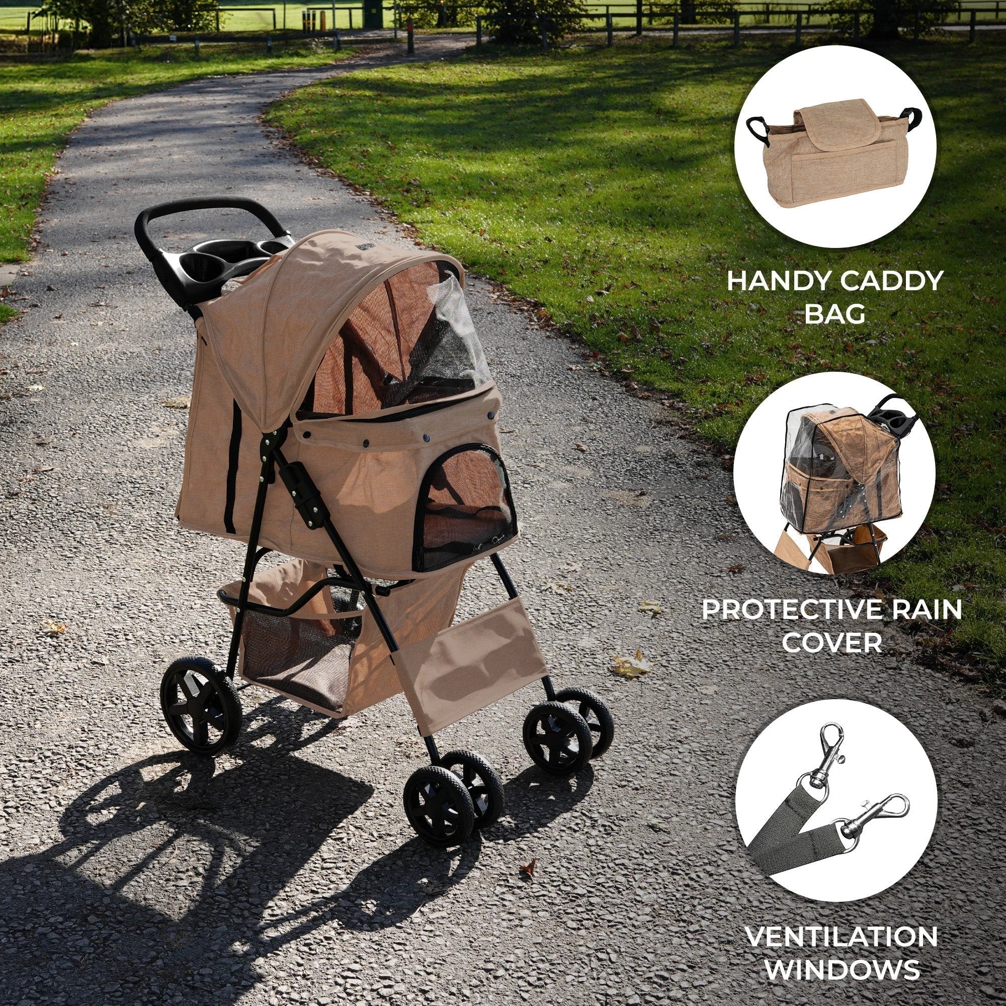Monster Shop Pet Stroller with Rain Cover & Caddy Bag - Woven Beige -