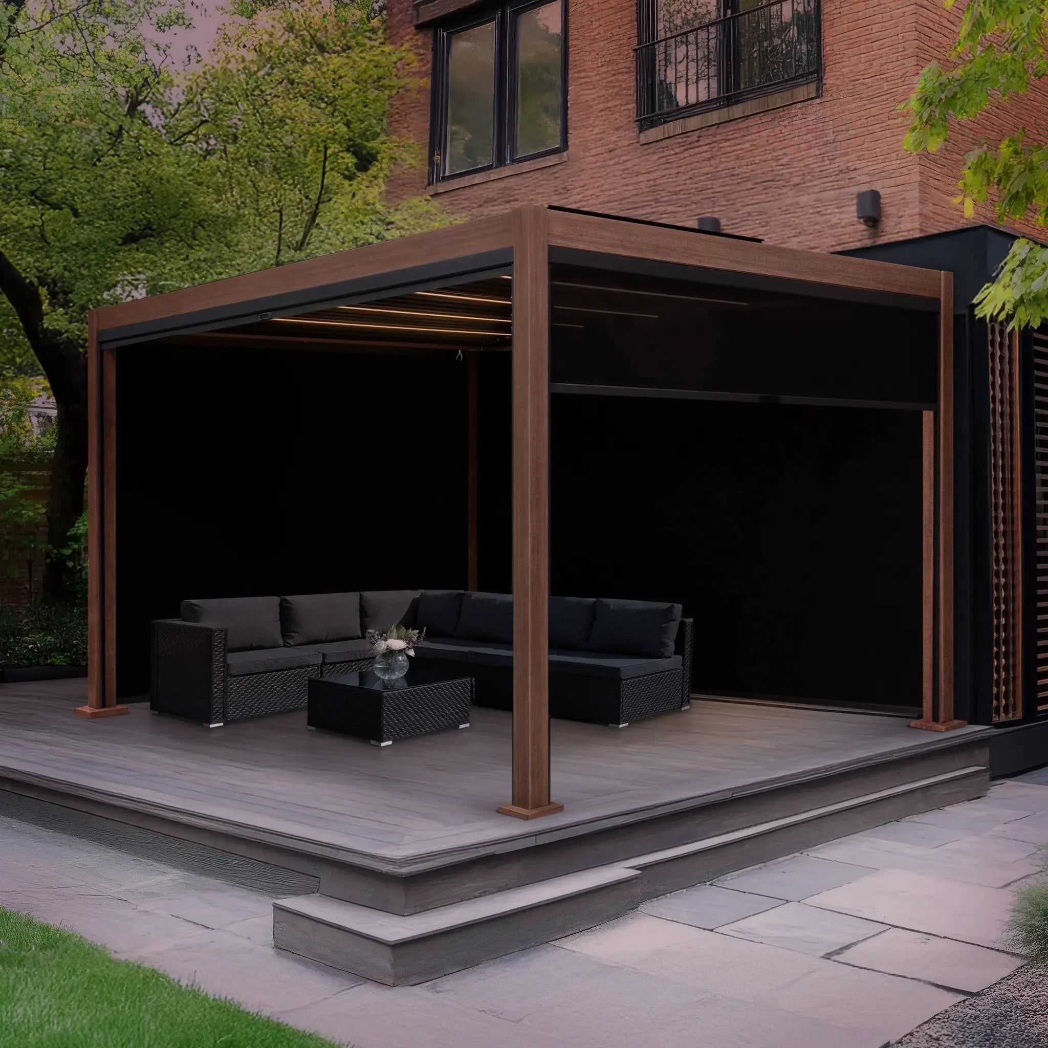 Monster Shop Wood Effect Aluminium Pergola With Blinds & LED Lights - 3m x 3m -