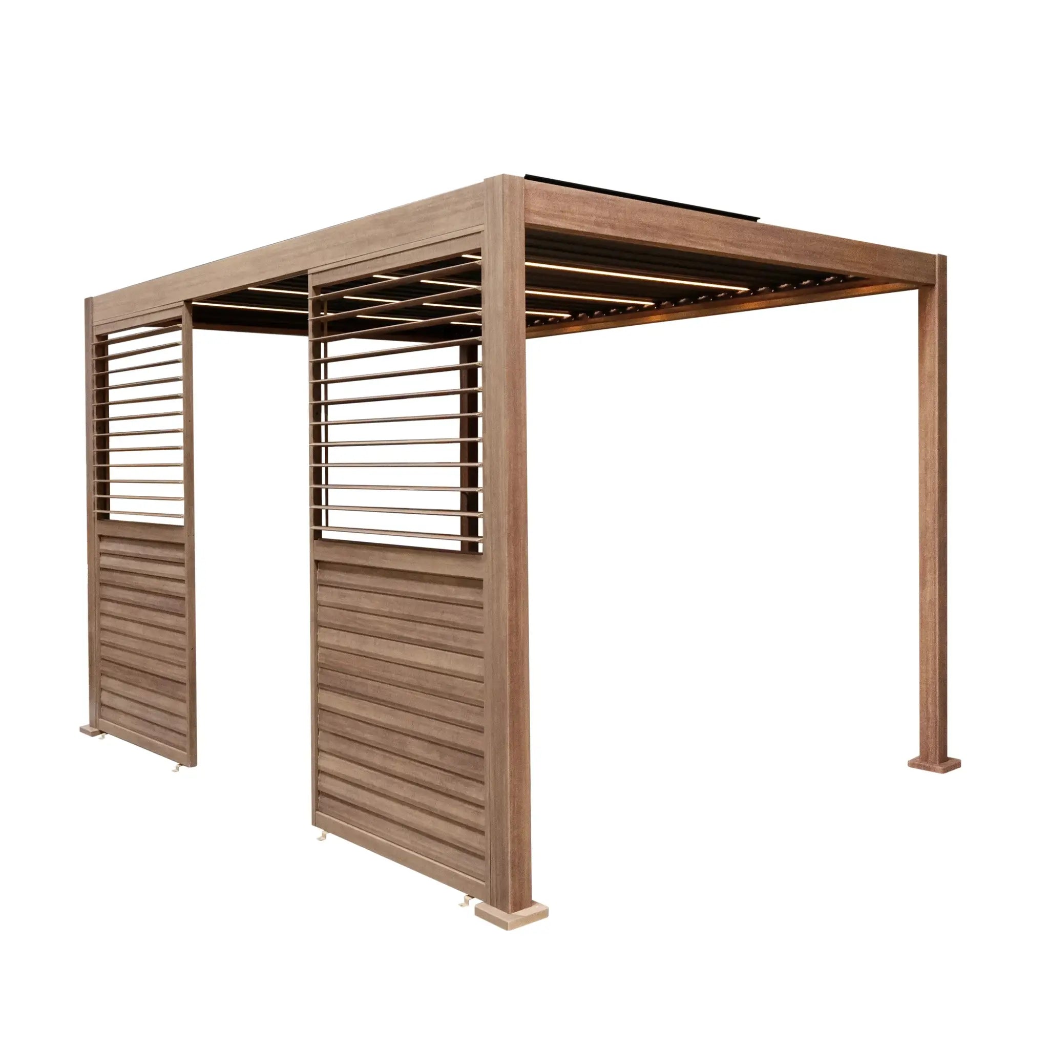 Monster Shop Wood Effect Aluminium Pergola With LED Lights & 2 x Side Panels - 3m x 3m -