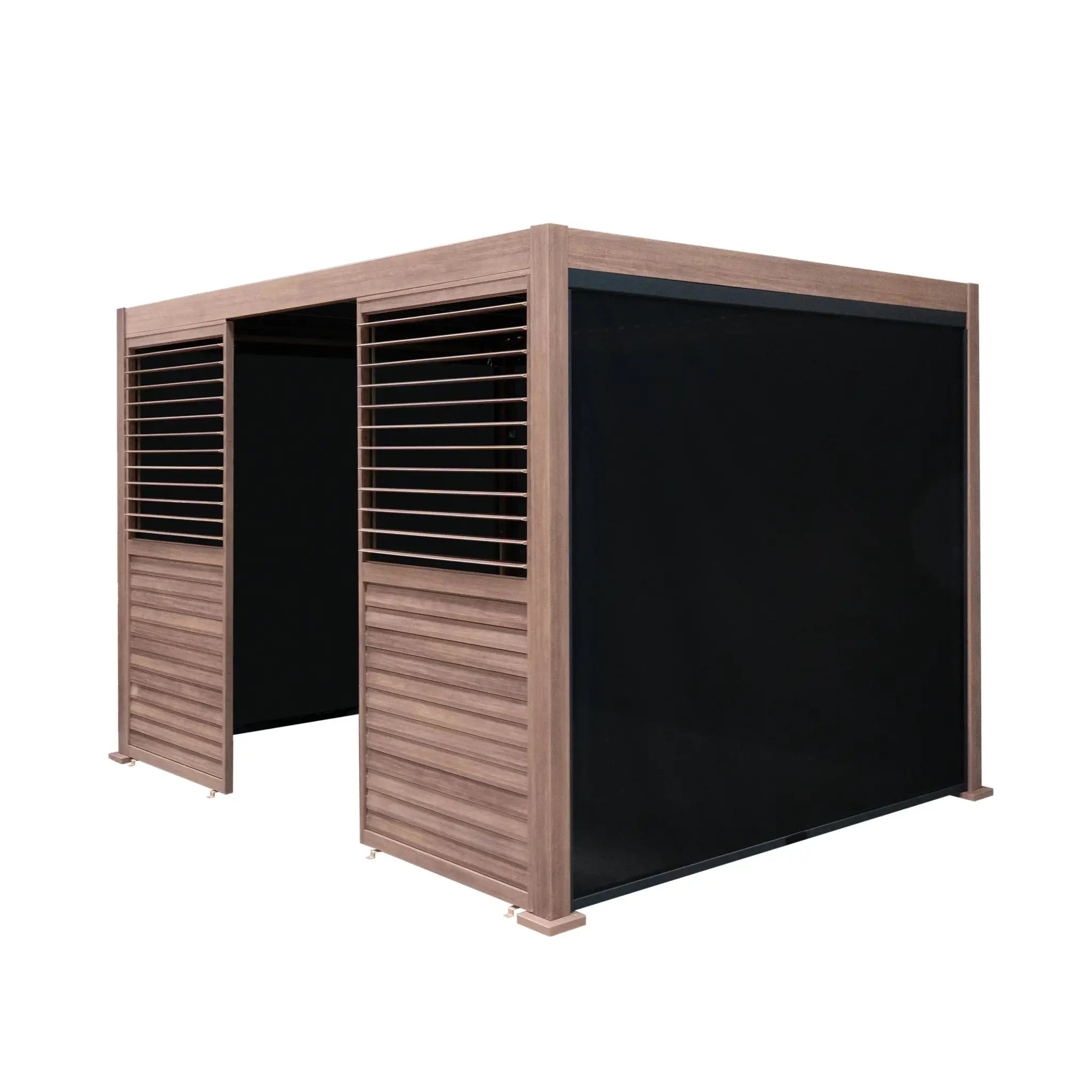 Monster Shop Wood Effect Aluminium Pergola With Blinds & 2 Louvre Panels - 3m x 3m -