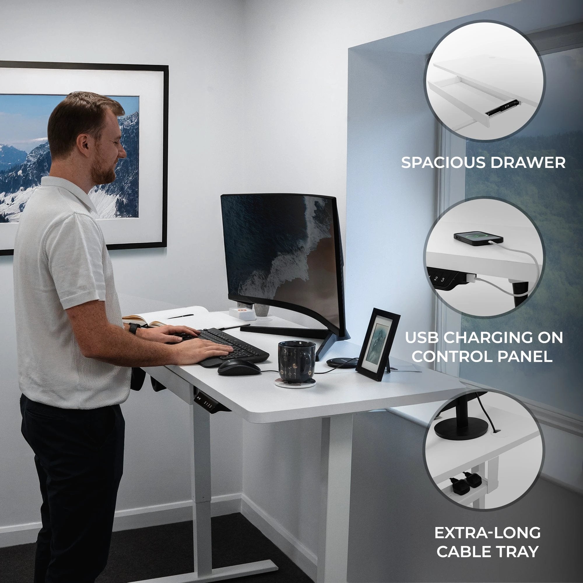 Electric Standing Desk With Drawer - 140cm x 60cm by Monster Shop