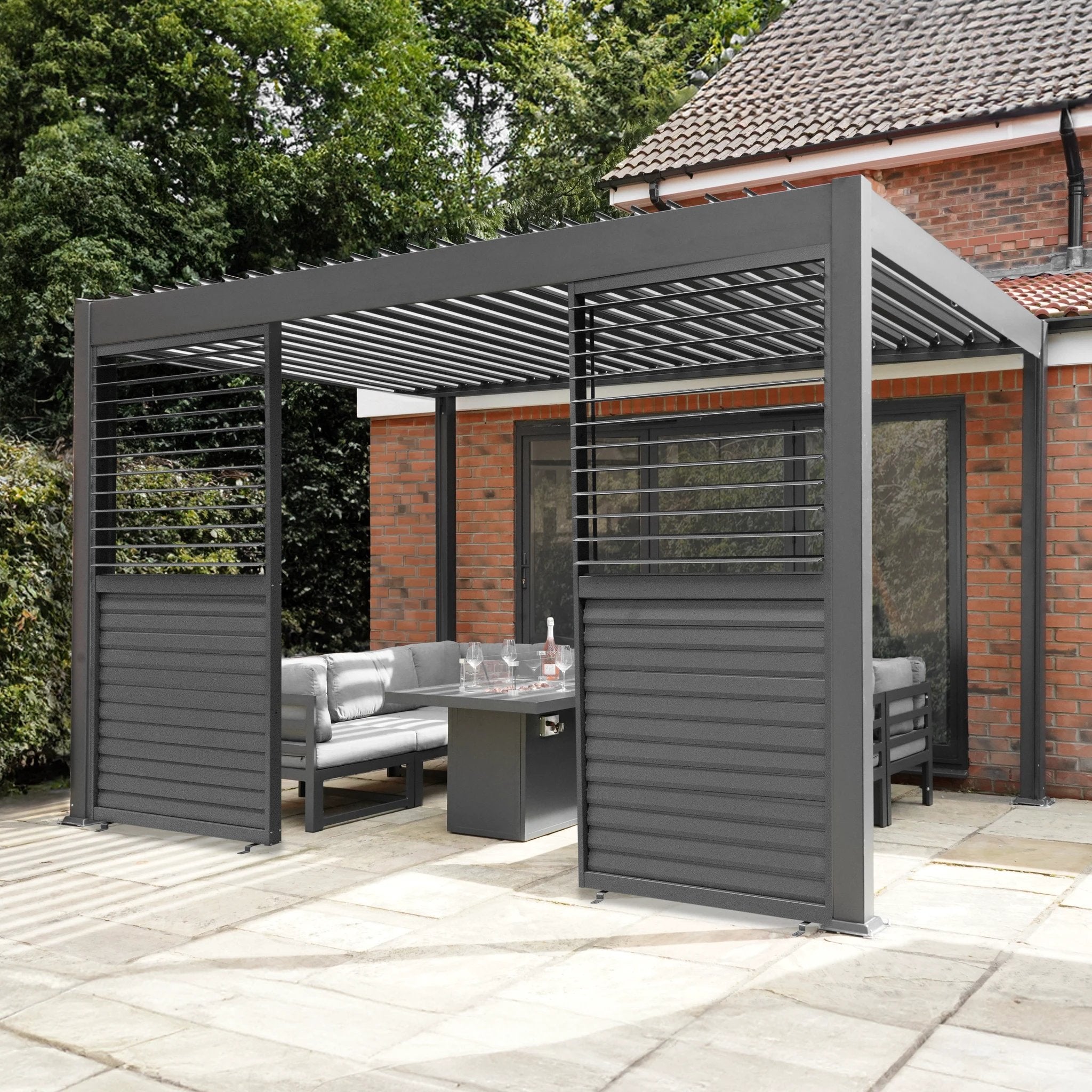 Monster Shop Premium Anthracite Aluminium Pergola 3m x 3m With LED Lights And Dual Shutter Panels - Uncategorized Gazebos