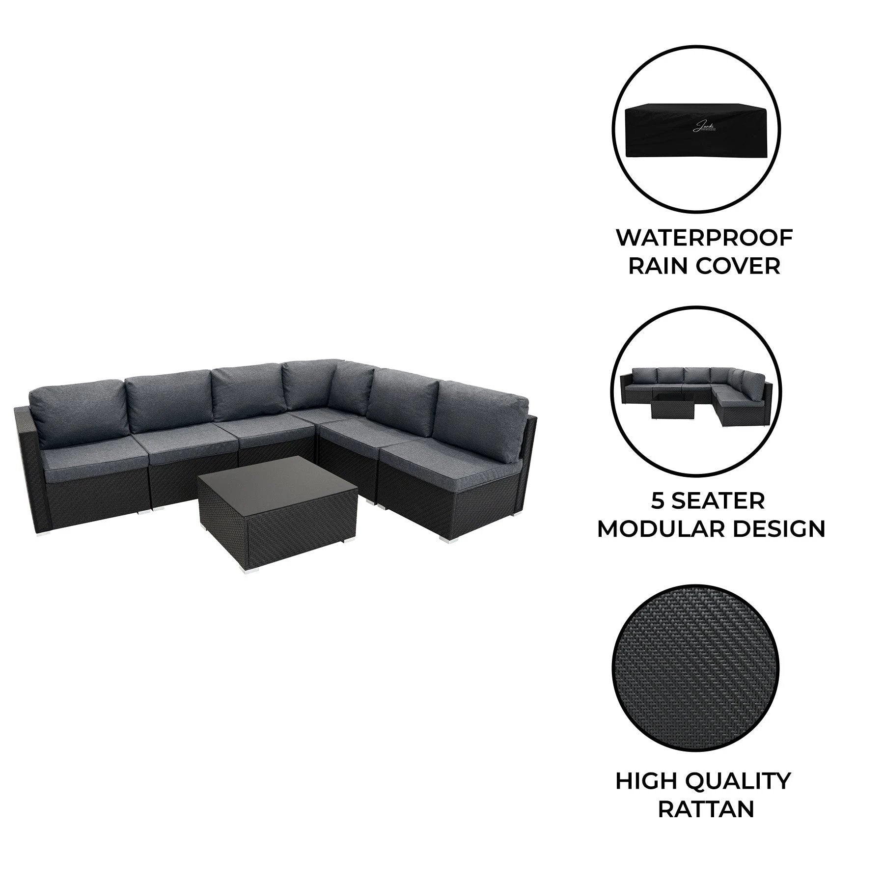Rattan Modular 7 Piece Furniture Set - Black by Monster Shop