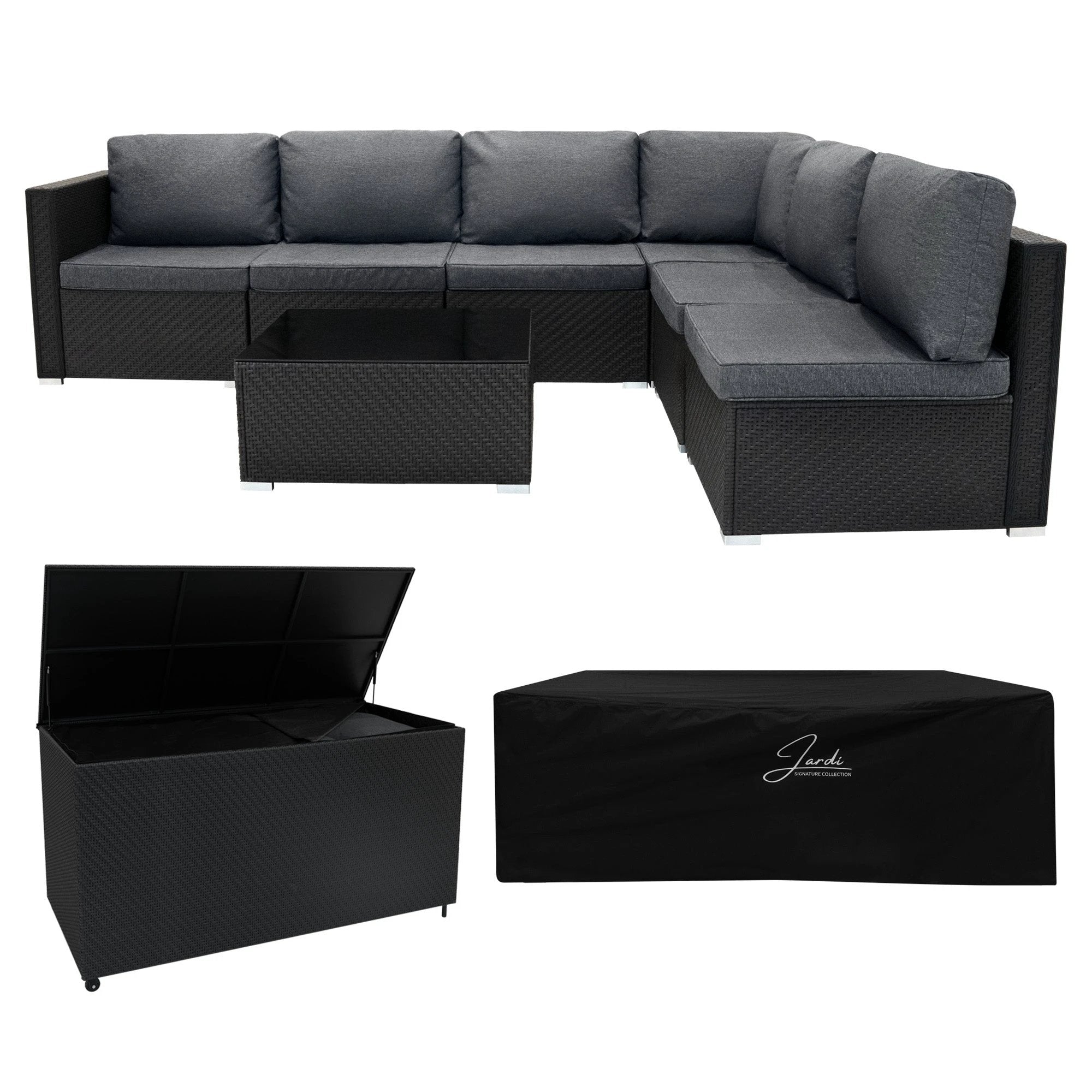 Monster Shop Rattan Modular 7 Piece Furniture Set & 996L Storage Box - Black -
