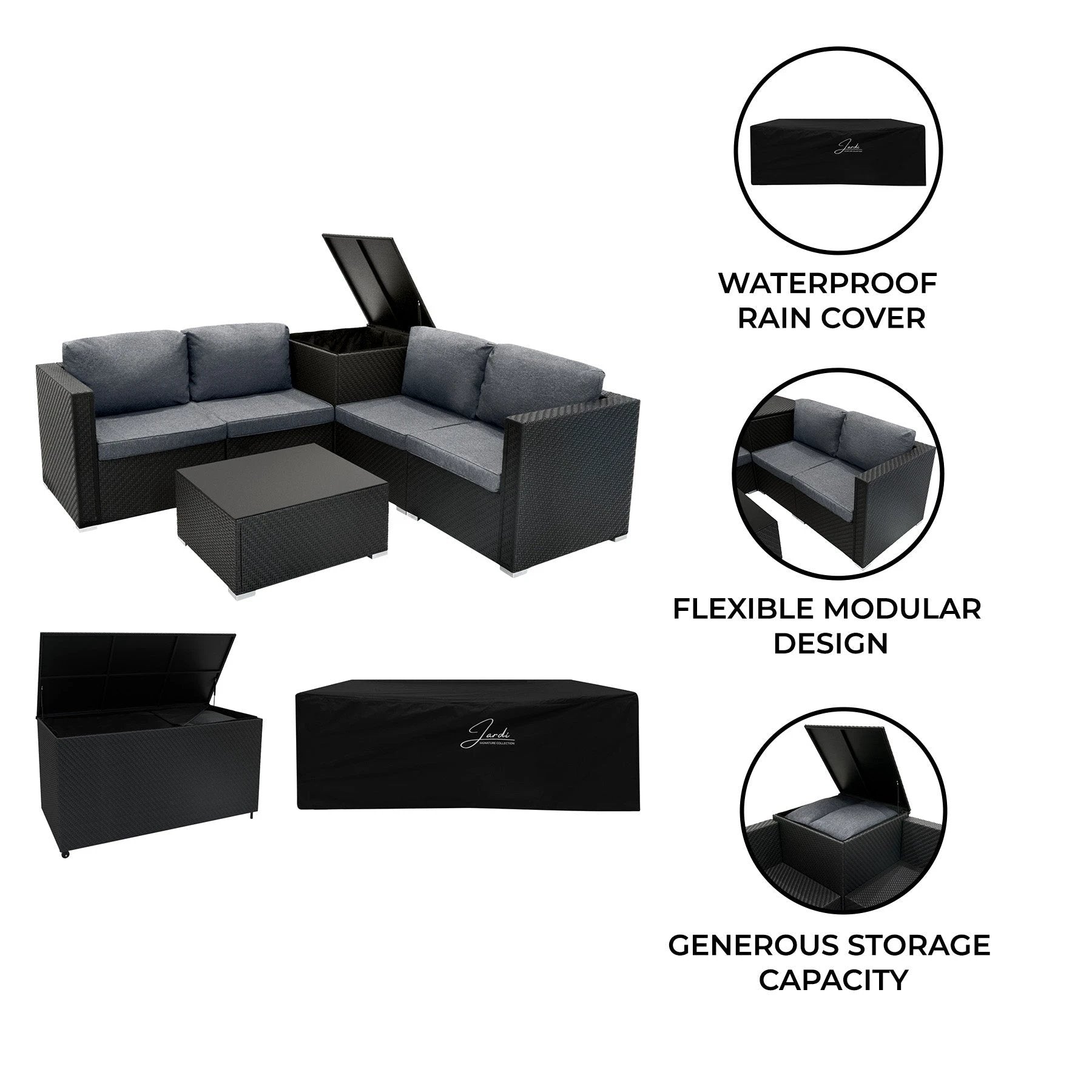 Rattan Modular 6 Piece Furniture Set & 700L Storage Box – Black by Monster Shop