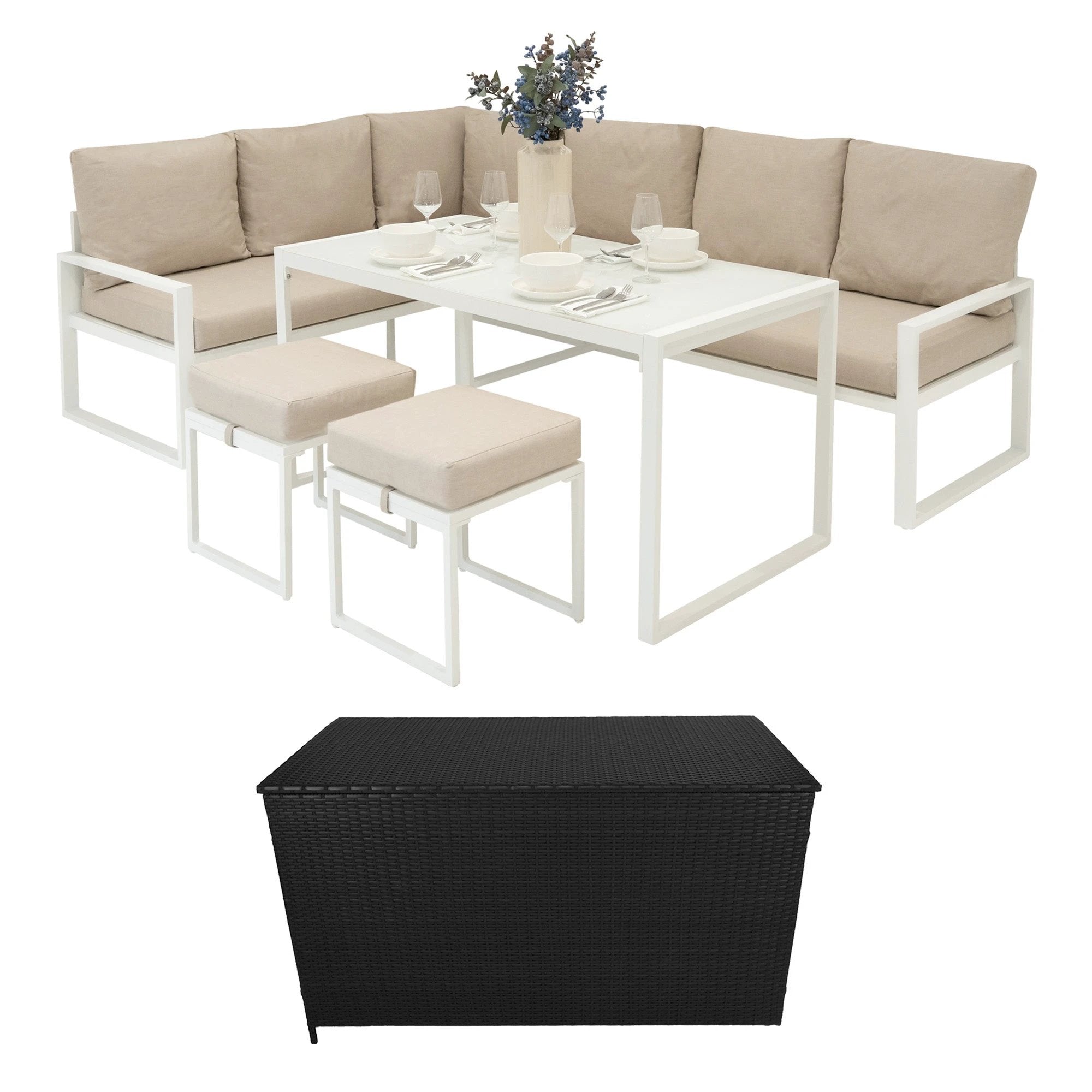 Aluminium Corner Sofa Set With Black Rattan Storage Box - White by Monster Shop