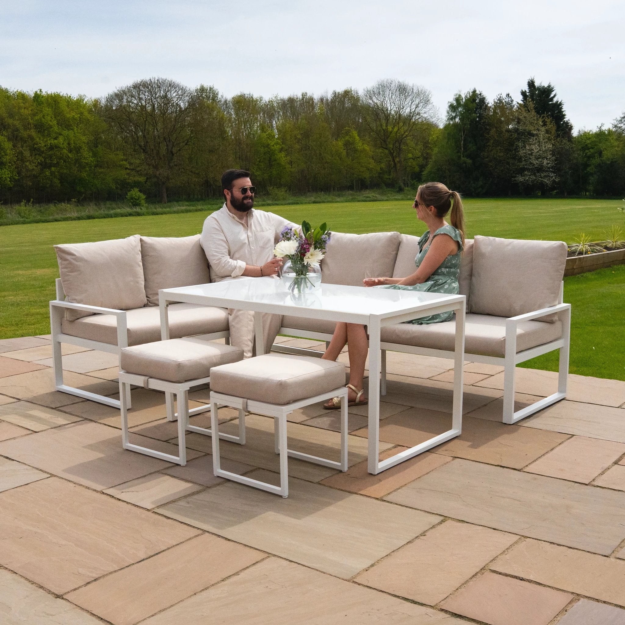 Monster Shop Aluminium Corner Sofa Set With Black Rattan Storage Box - White -