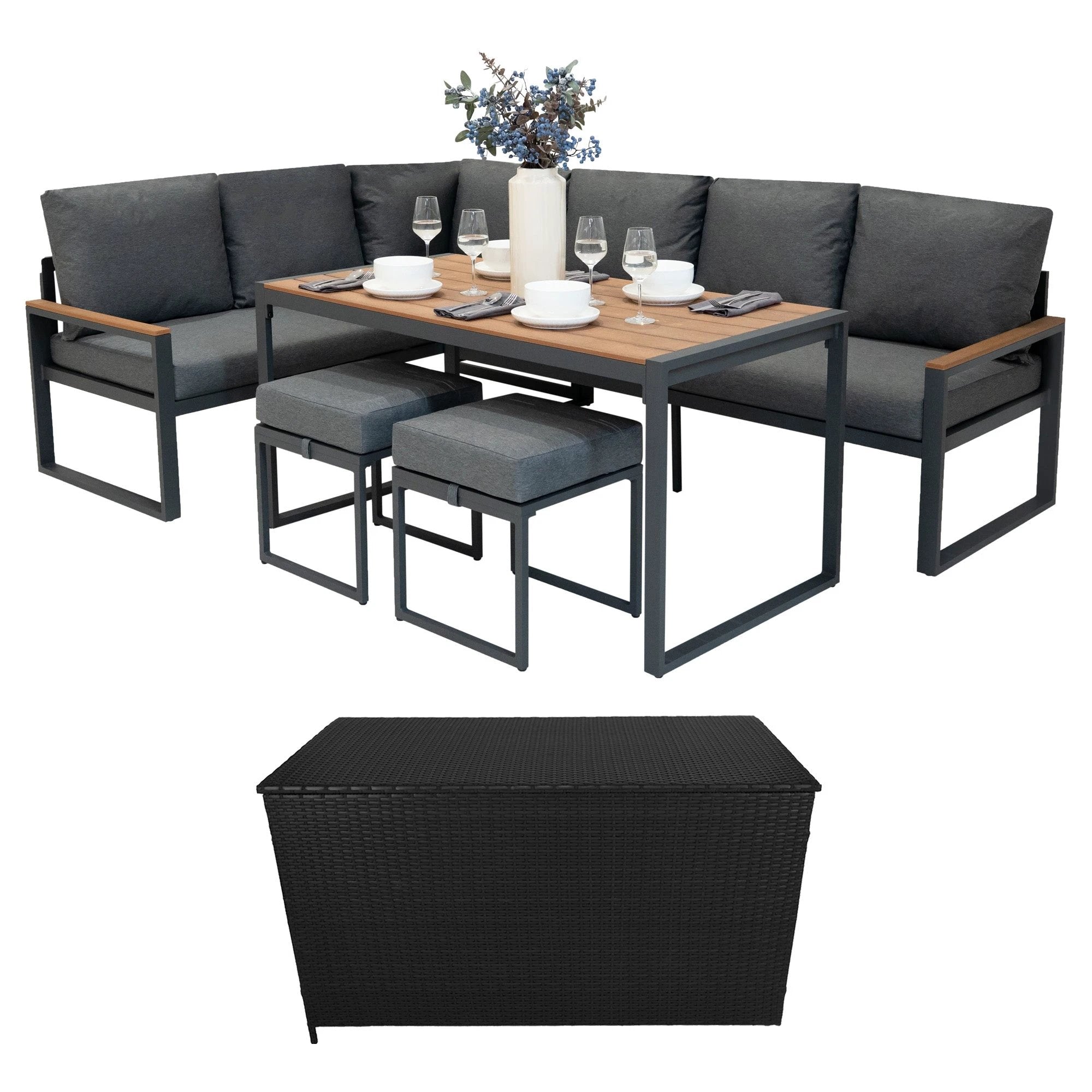 Monster Shop Aluminium Corner Sofa Set With Black Rattan Storage Box - Wood Effect -