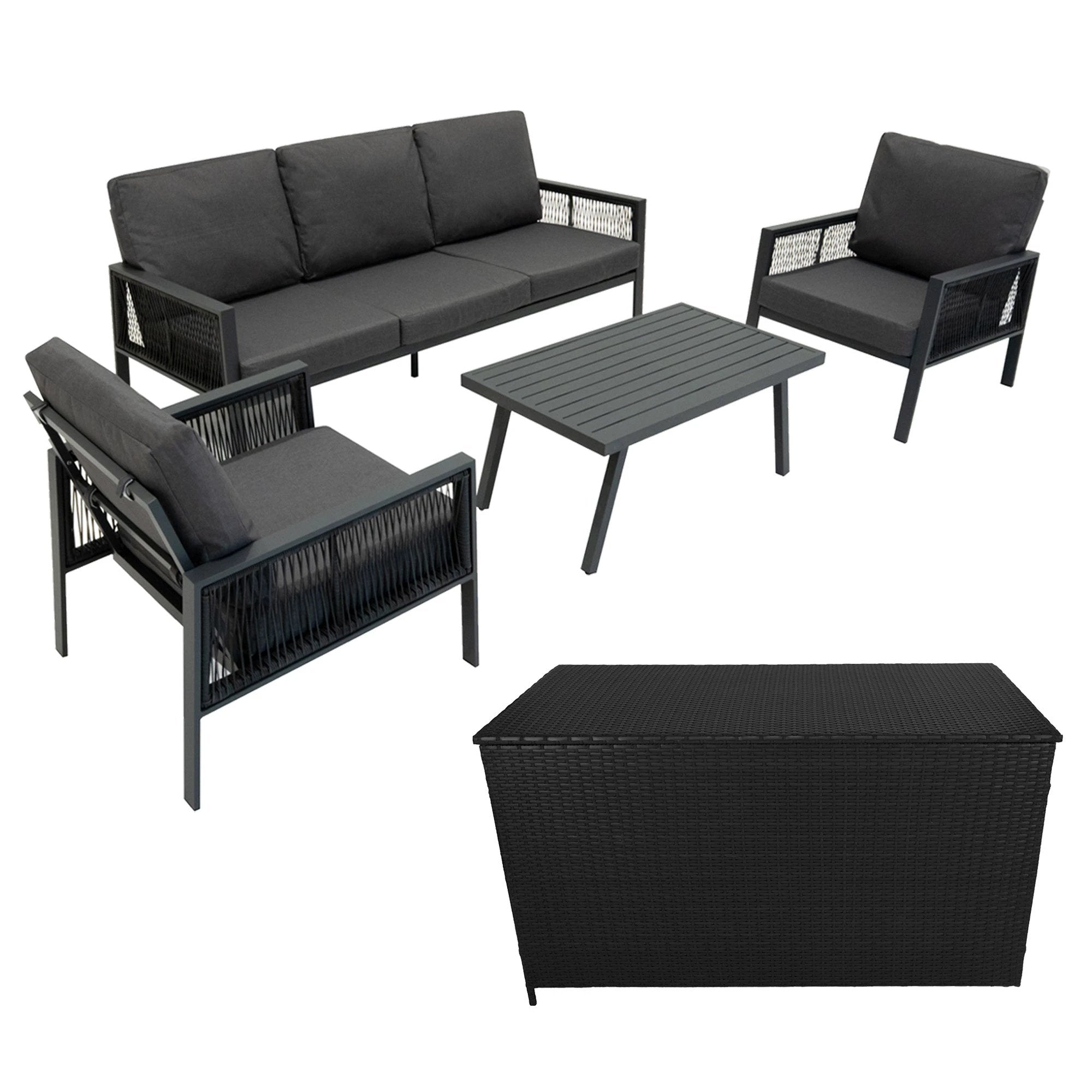Monster Shop Aluminium 4 Piece Sofa Set with Black Rattan Storage Box - Anthracite Grey -