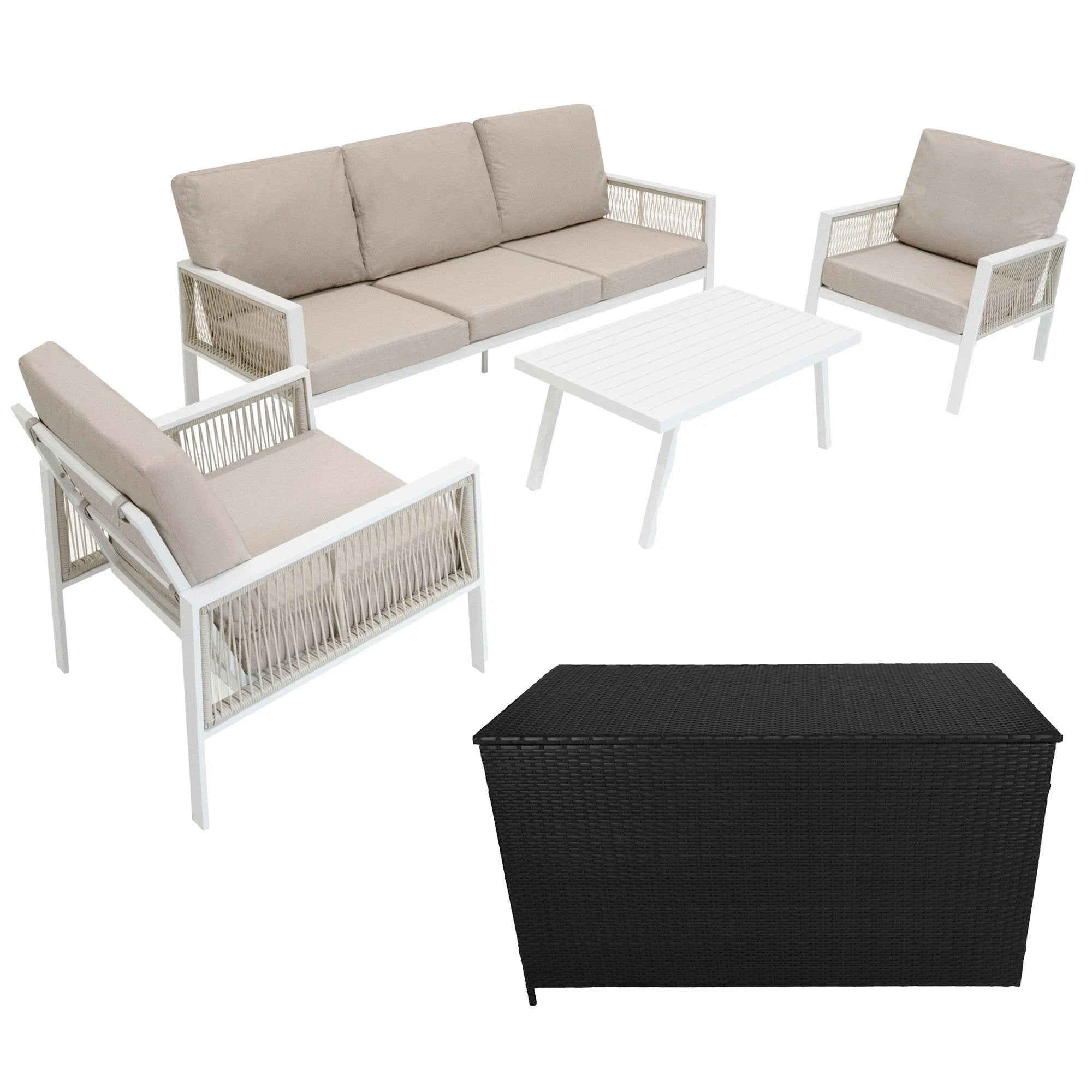 Monster Shop Aluminium 4 Piece Sofa Set with Black Rattan Storage Box - White -