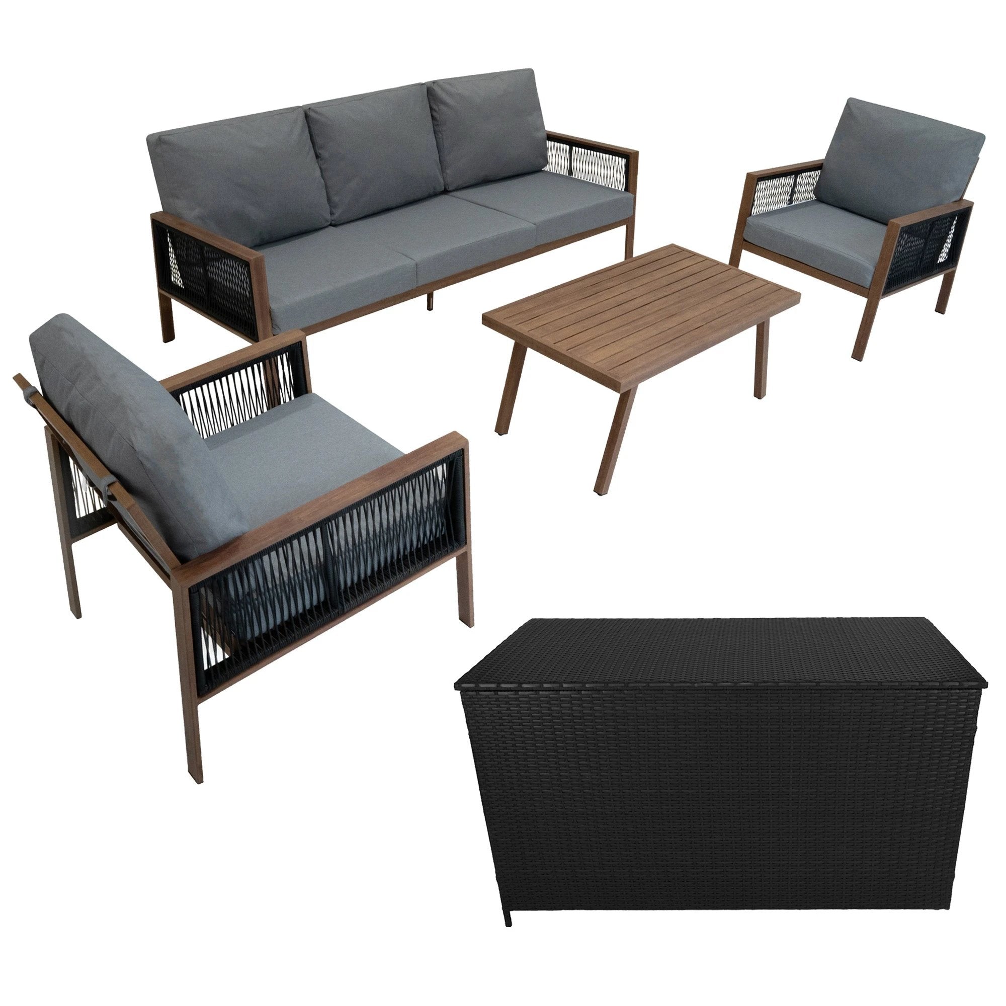Aluminium 4 Piece Sofa Set with Black Rattan Storage Box - Wood Effect by Monster Shop