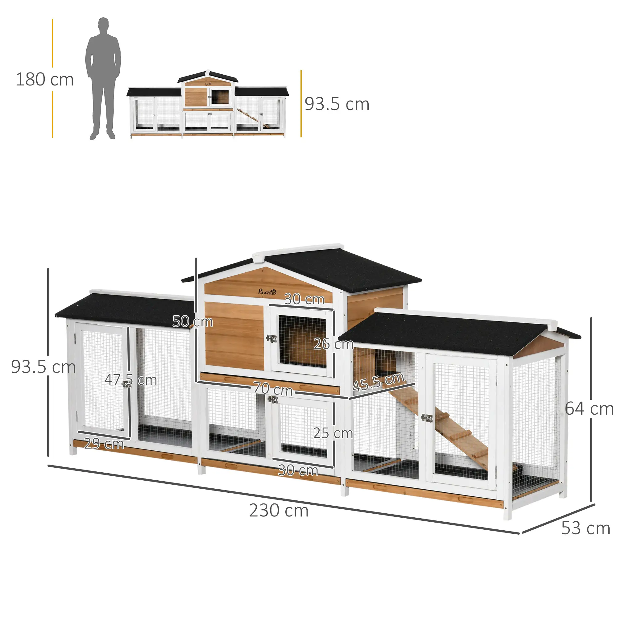 Pawhut Two-Tier Wooden Rabbit Hutch Guinea Pig Hutch w/ Two Runs, Slide-Out Tray, Ramp - Rabbit Hutch