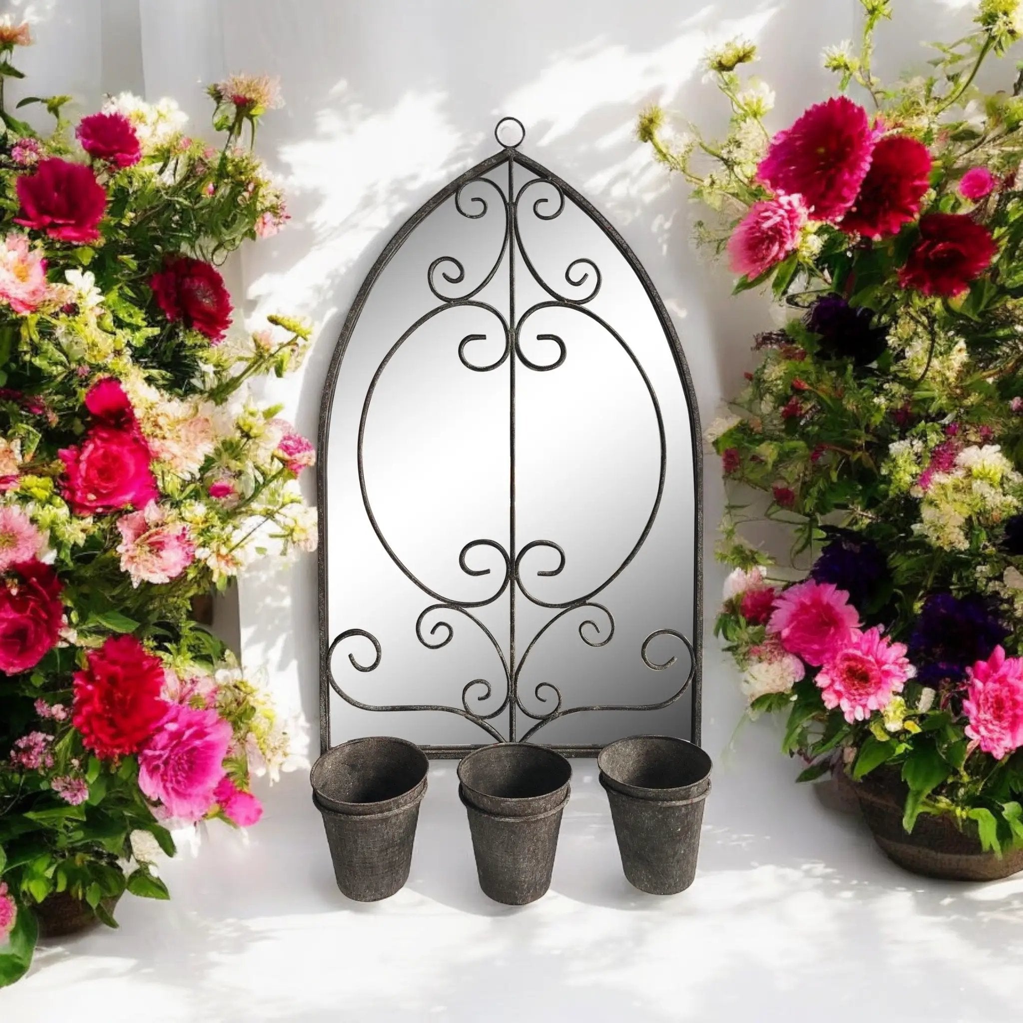 MSL 73CM RUSTY WALL MIRROR WITH TRIPLE PLANTER - Planters