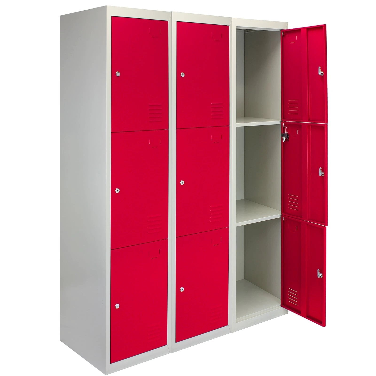3 x Metal Storage Lockers - Three Doors, Red - Flatpack by Monster Shop
