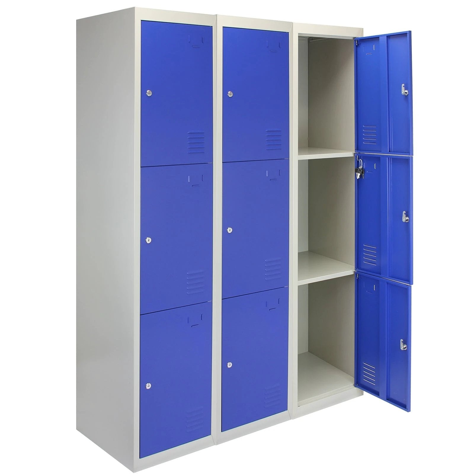 3 x Metal Storage Lockers - Three Doors, Blue - Flatpack by Monster Shop