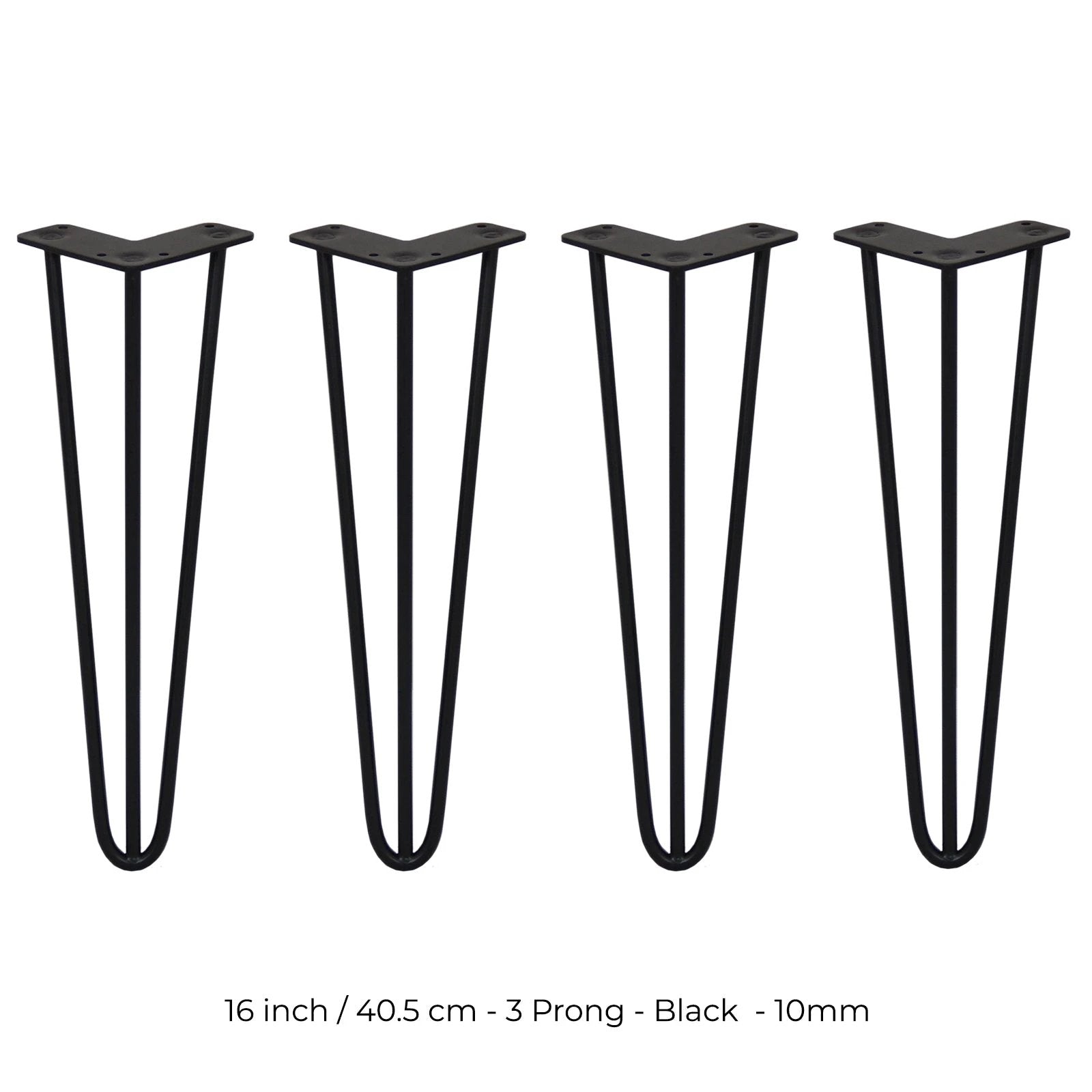 Monster Shop 4 x 16" Hairpin Legs - 3 Prong - 10mm - Black -