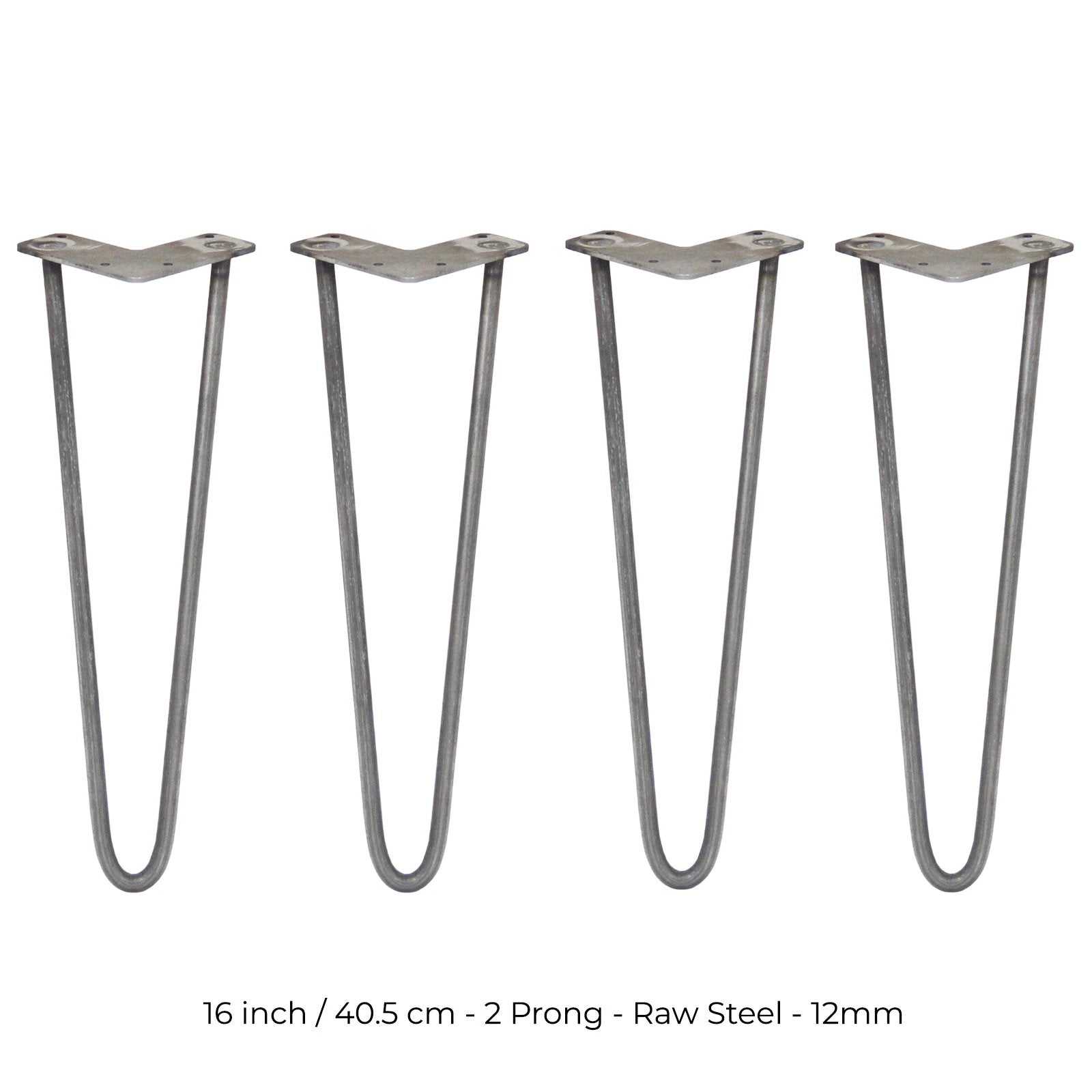 4 x 16" Hairpin Legs - 2 Prong - 12mm - Raw Steel by Monster Shop