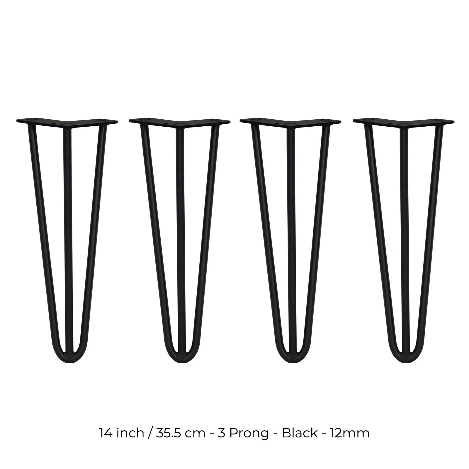 4 x 14" Hairpin Legs - 3 Prong - 12mm - Black by Monster Shop