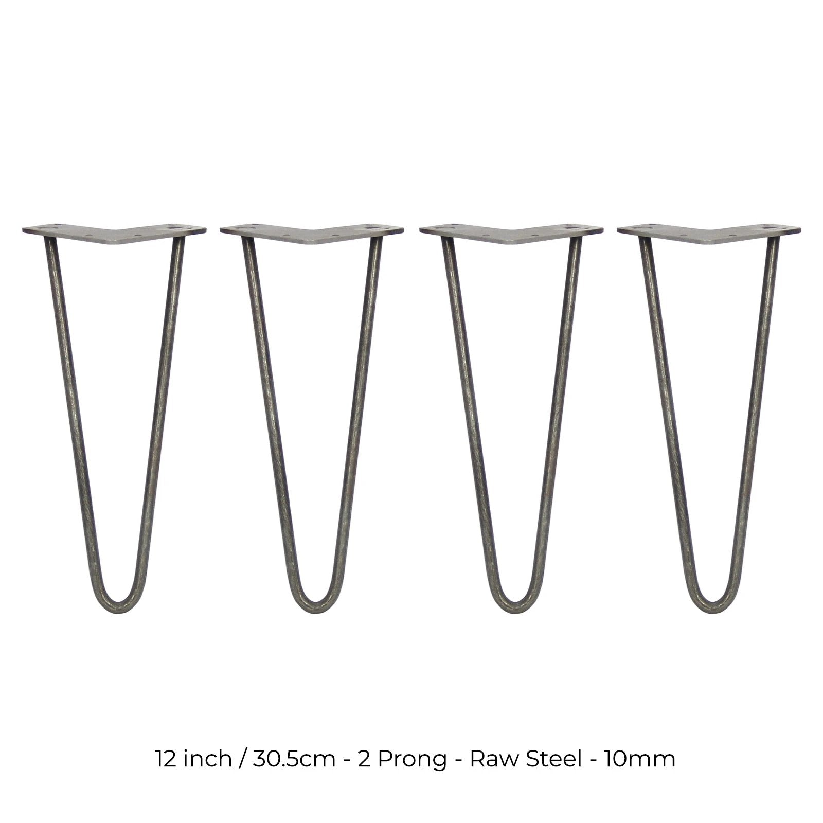 4 x 12" Hairpin Legs - 2 Prong - 10mm - Raw Steel by Monster Shop