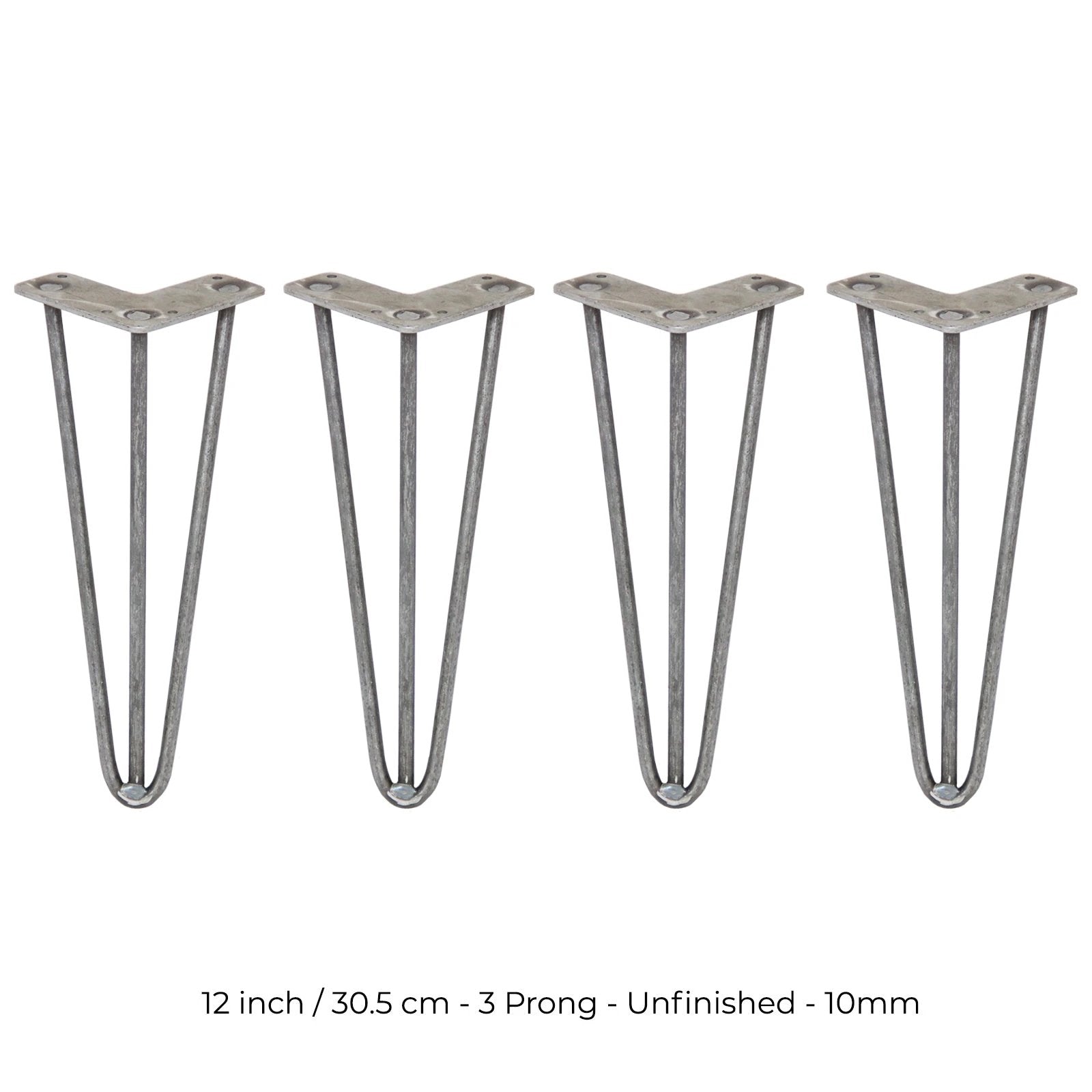 Monster Shop 4 x 12" Hairpin Legs - 3 Prong - 10mm - Raw Steel -