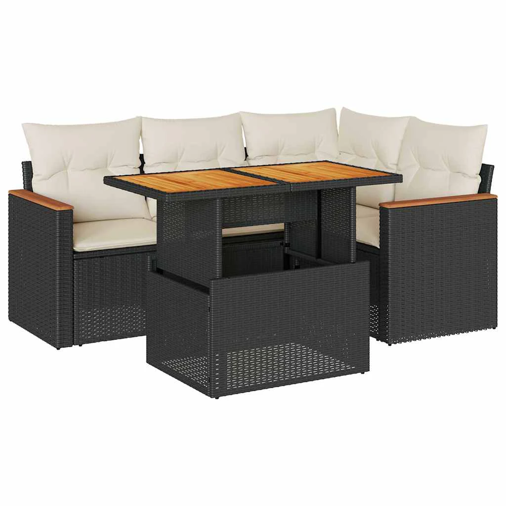 vidaXL 5 Piece Garden Sofa Set with Cushions Black Poly Rattan Acacia by vidaXL