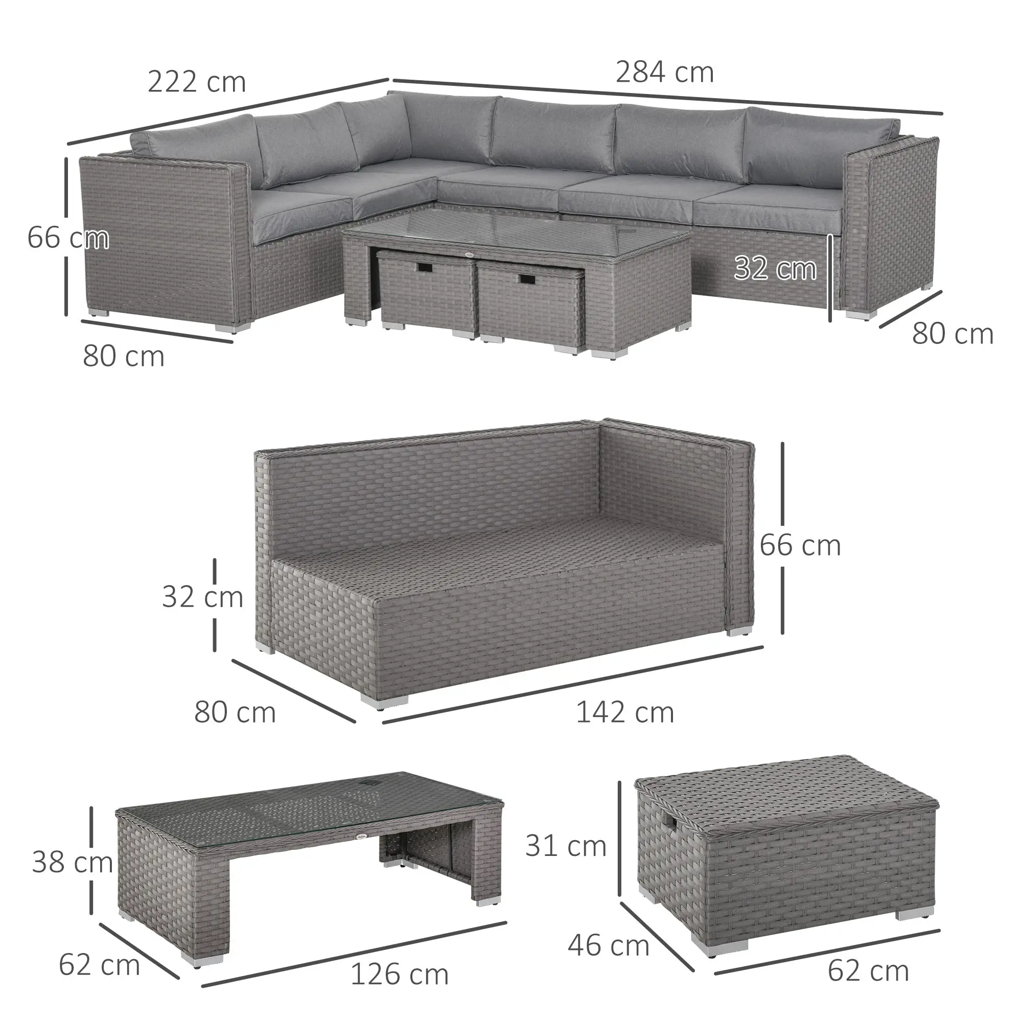 Outsunny 6 PCs PE Rattan Wicker Corner Sofa Set Coffee Table Footstool w/ Cushion - Grey - Garden Sofa Sets