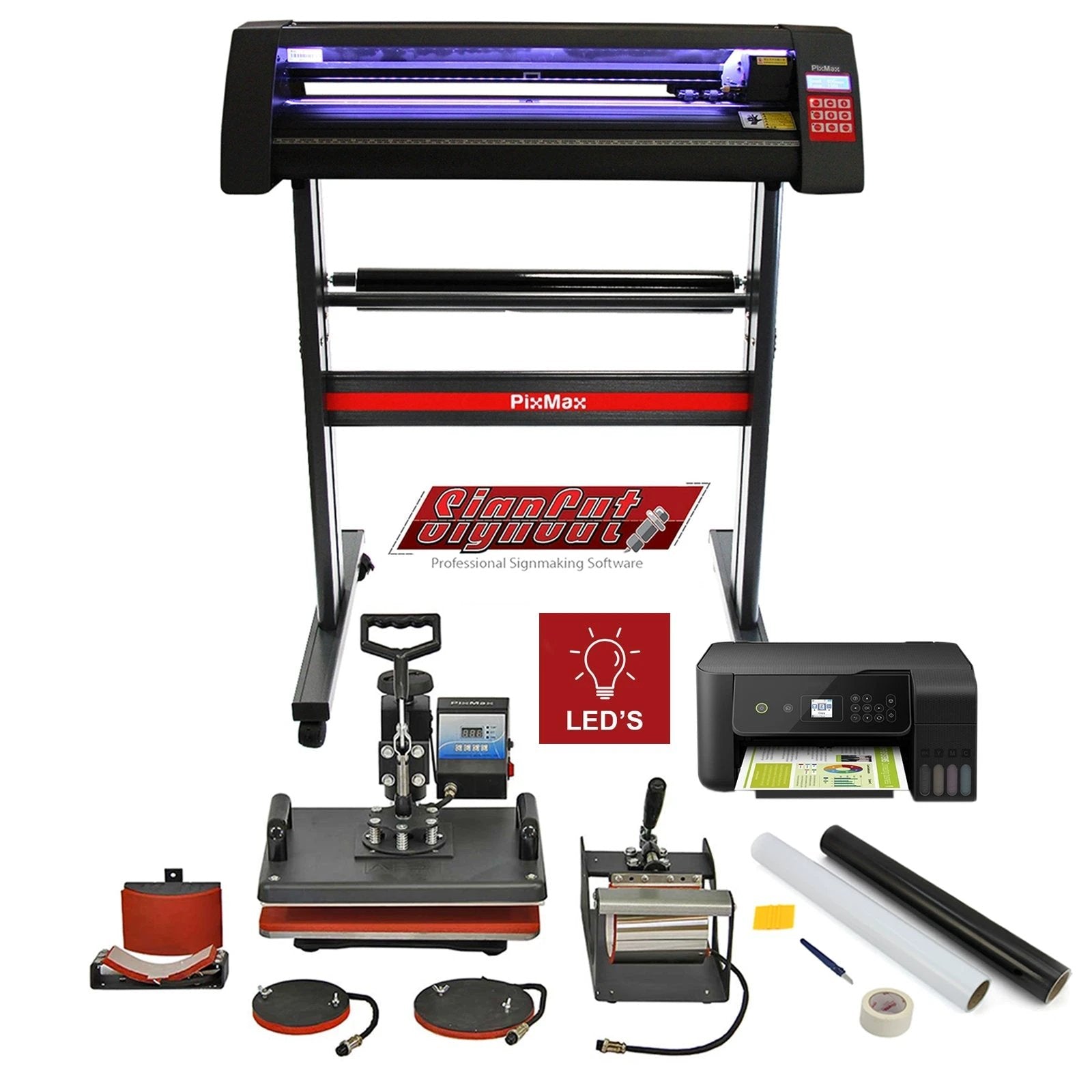 Vinyl Cutter LED, 5 in 1 Heat Press, Printer, Signcut Pro & Weeding Kit Bundle by Monster Shop
