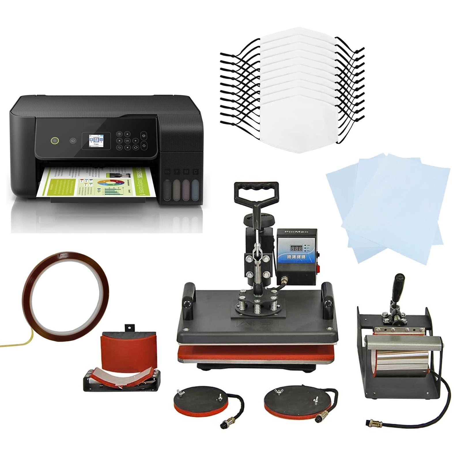 10 Sublimation Face Masks, 5 in 1 Heat Press & Eco Tank Printer by Monster Shop