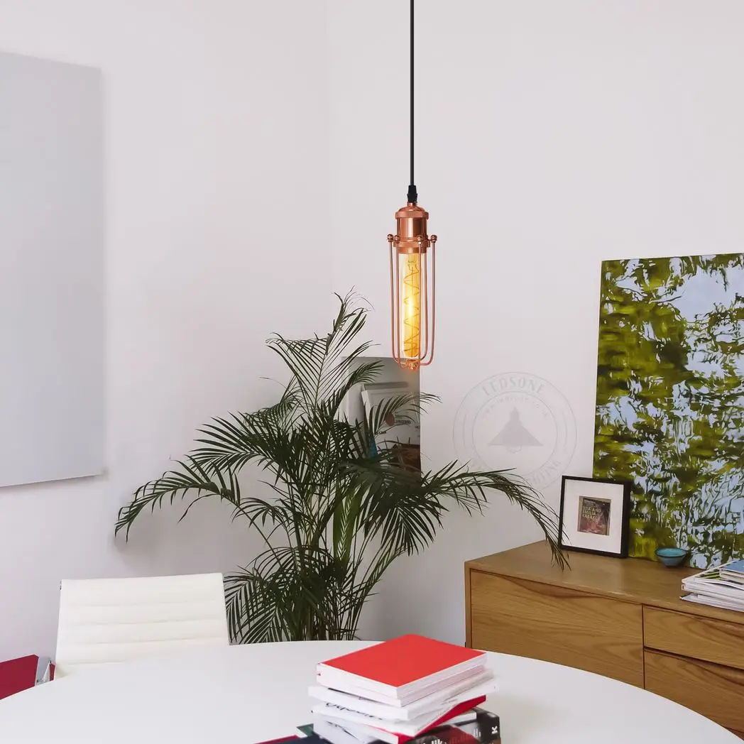 LEDSONE Single Rose Gold Ceiling E27 Pendant Light with Wire Cage, Industrial Vintage Hanging Lamp Fixture - Pendant Lights