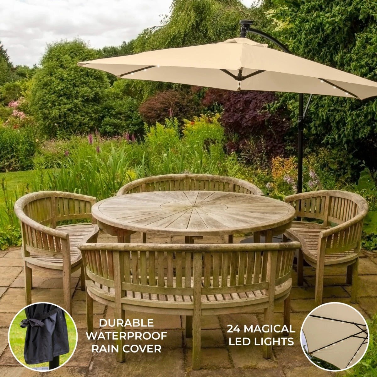 Premium LED Cantilever Parasol 3M Beige UV Protected Outdoor Garden Sun Shade Solution by Monster Shop