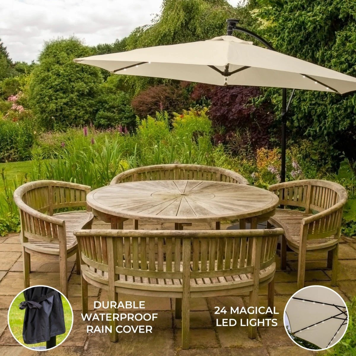 Premium Cream LED Cantilever Parasol 3m Diameter With UV Protection For Outdoor Garden Use by Monster Shop