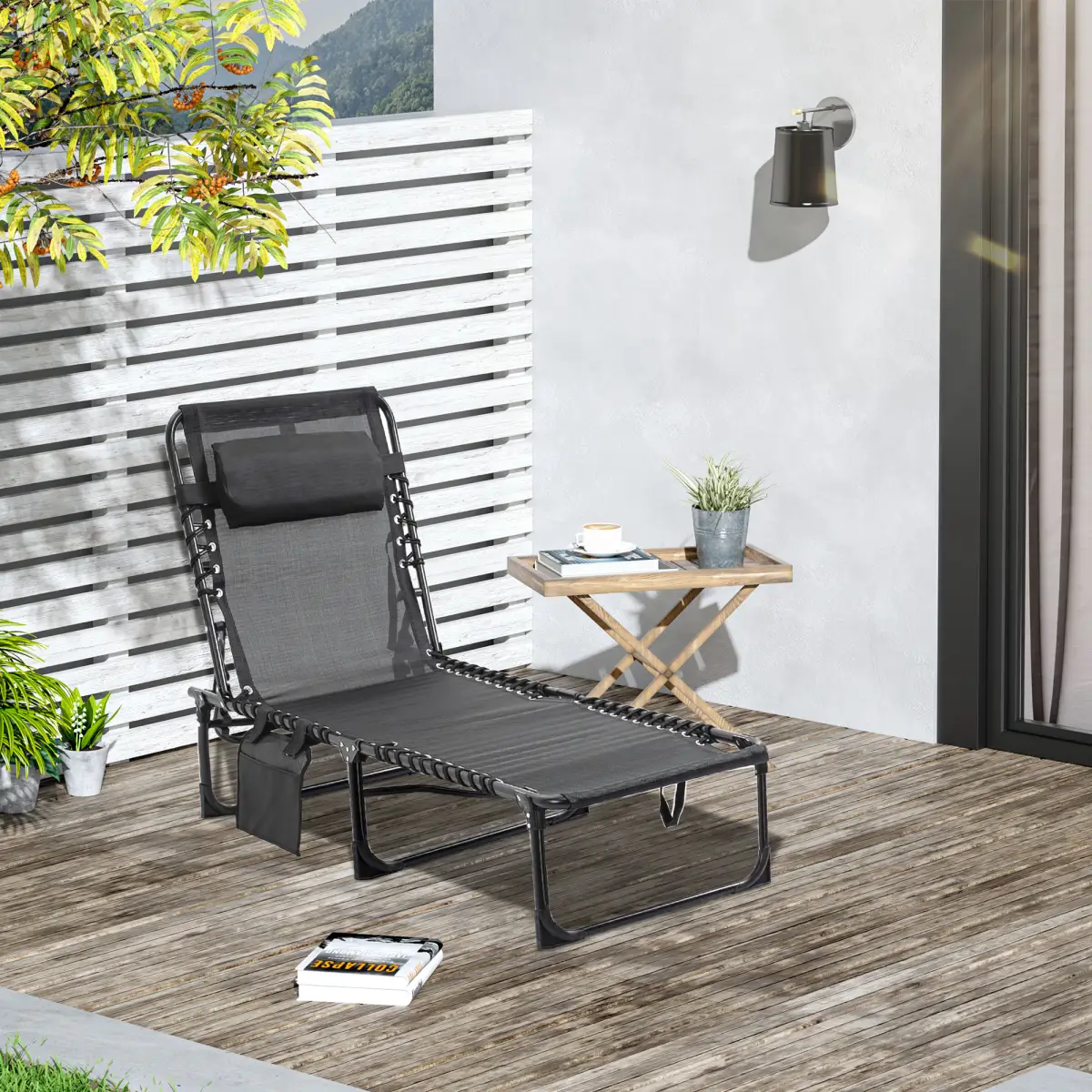 Outsunny Lounger Folding Reclining Camping Bed 5-position Adjustable Black - Sun Lounger