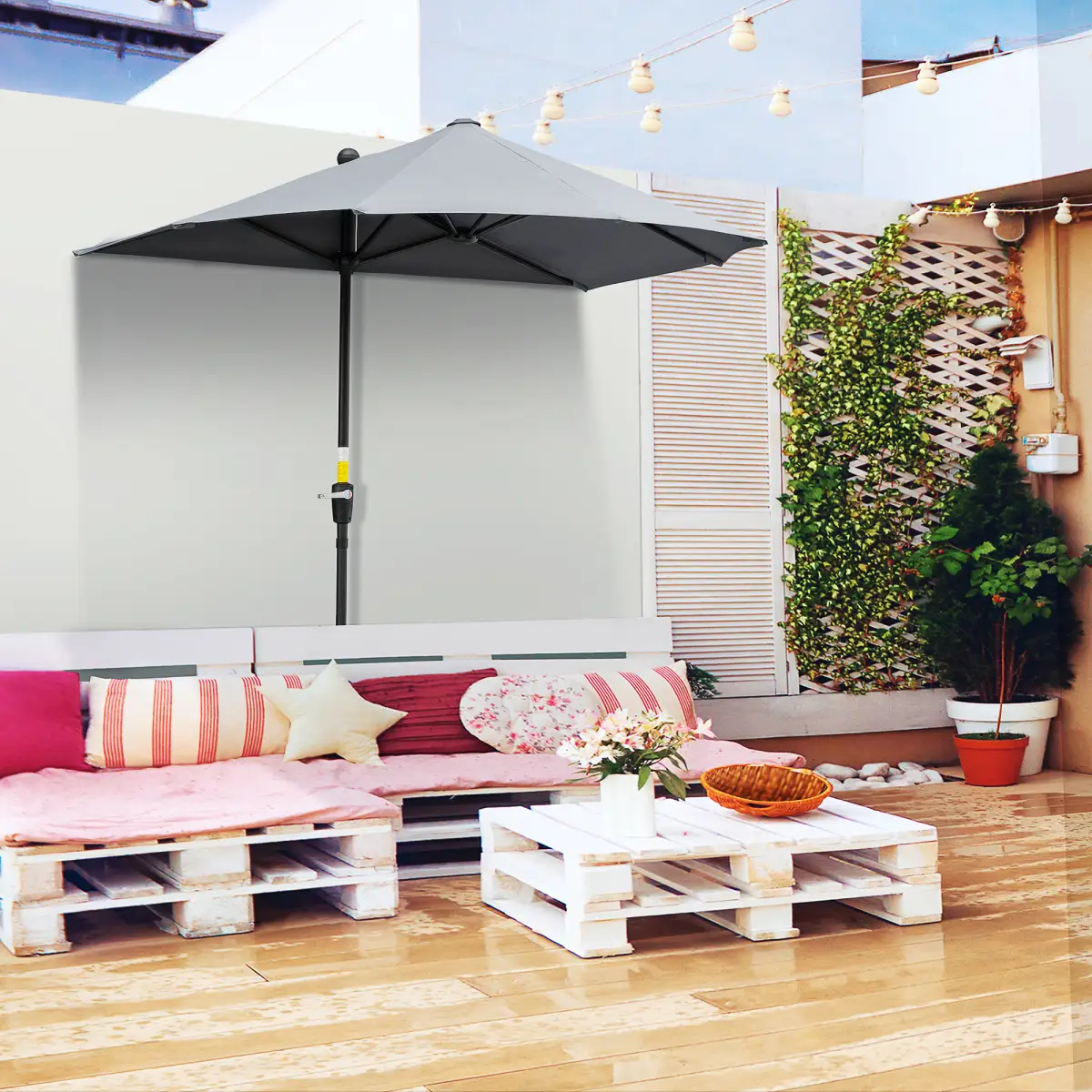 Outsunny Outsunny 2m Half Garden Parasol Market Umbrella w/ Crank Handle, Base Dark Grey - Parasol