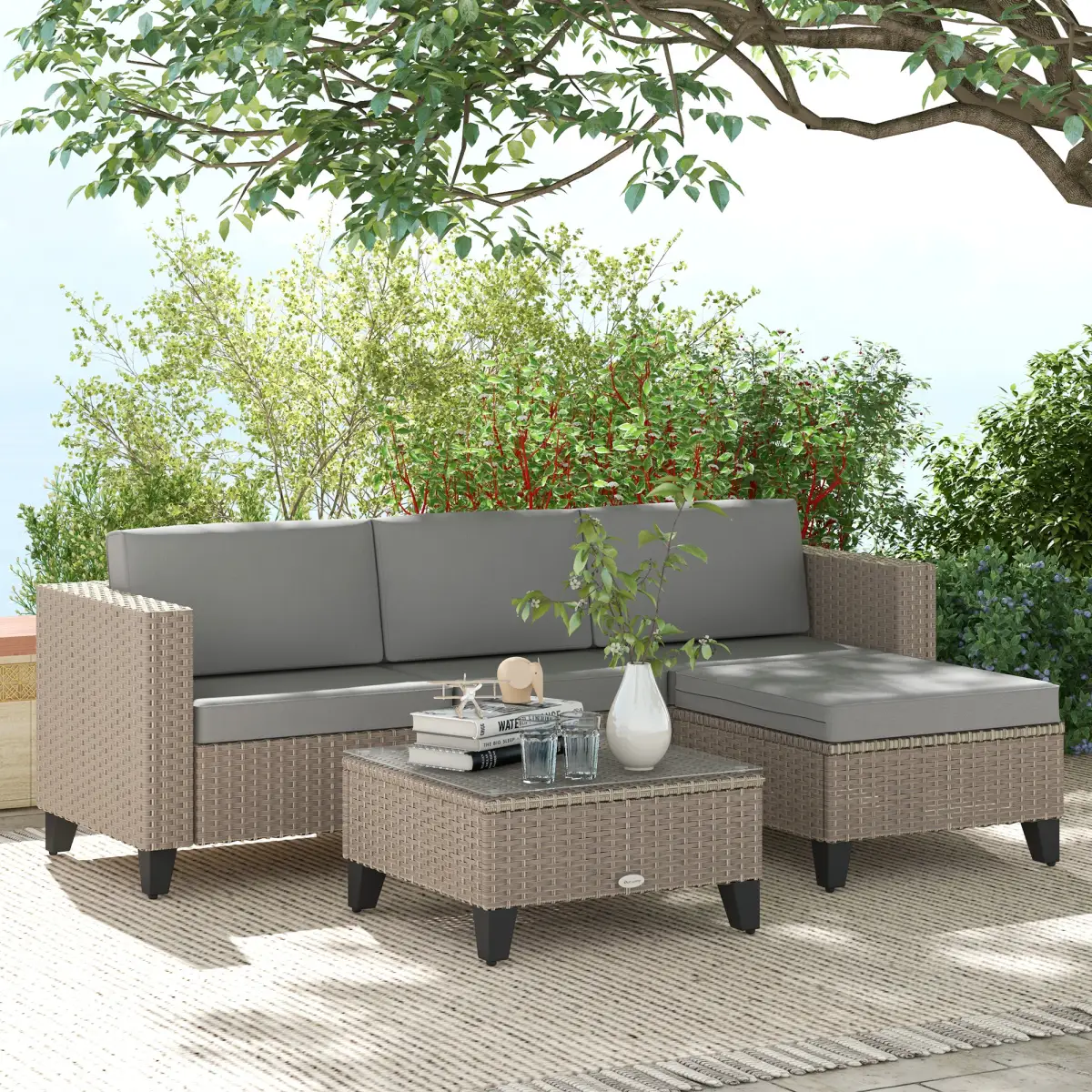 Outsunny Outsunny 5 PCs Rattan Garden Furniture Set with Glass Coffee Table, Brown - Garden Sofa Sets