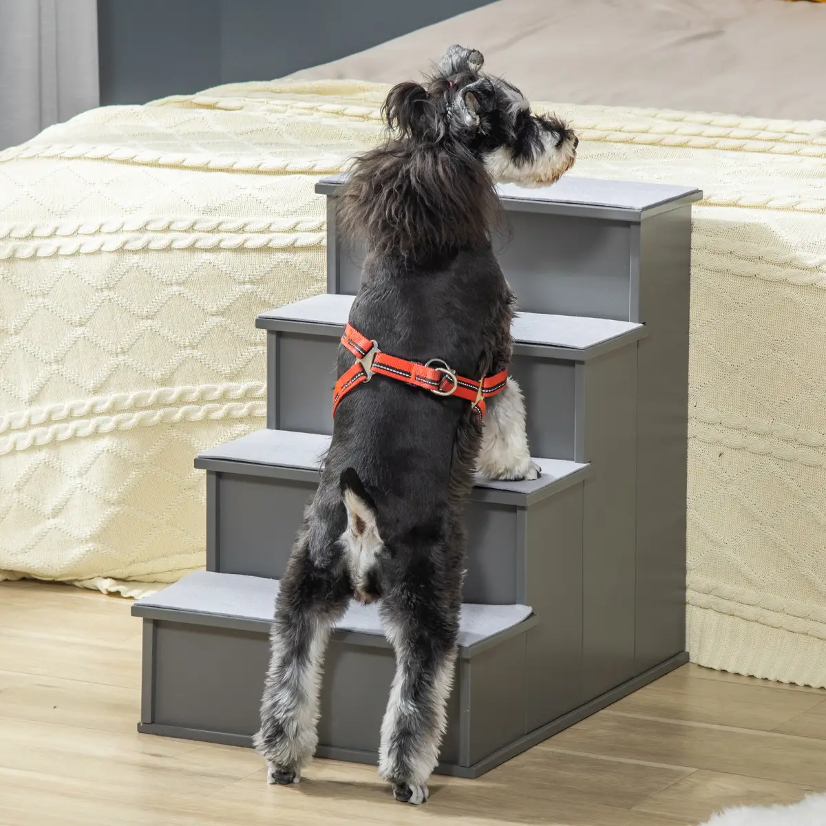 Unbranded 4 Step Wooden Dog Steps Pet Stairs Cat Ladder for Bed Couch, Grey Pawhut - Dog Steps