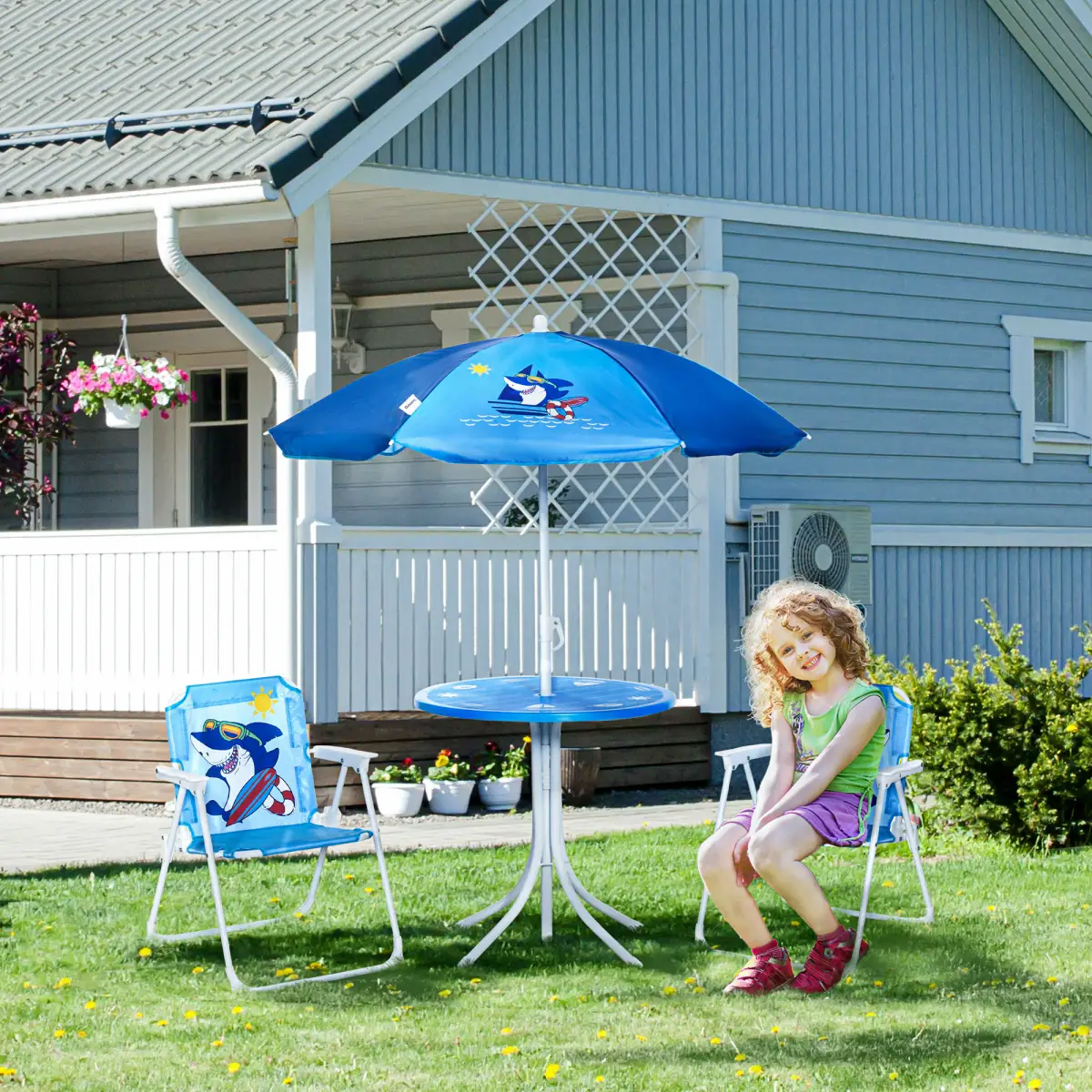 Unbranded Kids Foldable Four-Piece Garden Set w/ Table, Chairs, Umbrella - Blue - Picnic Tables