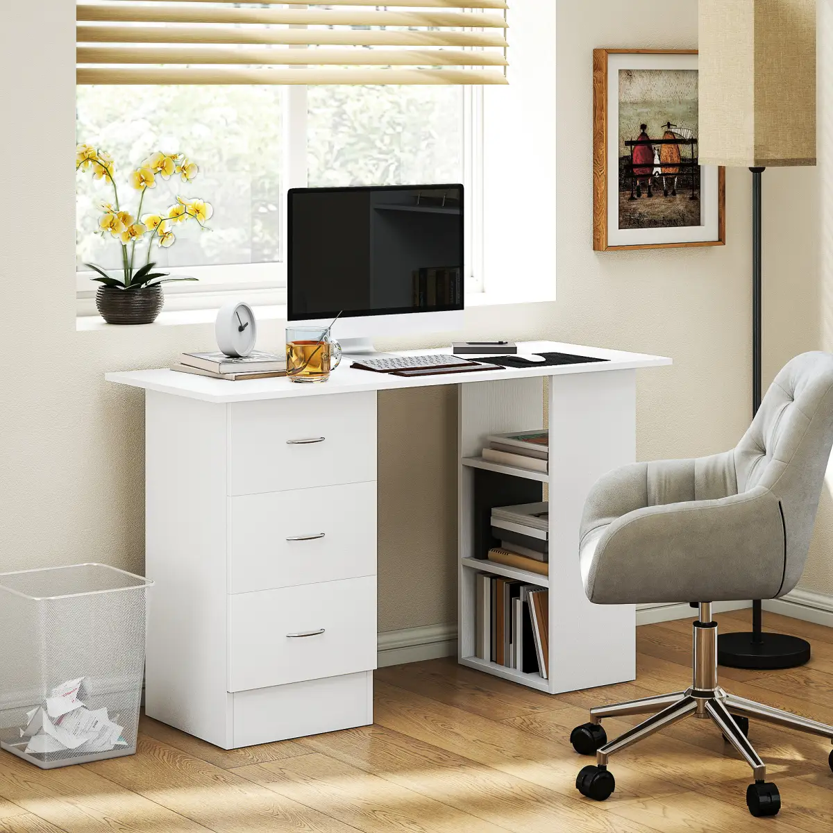 HOMCOM HOMCOM 120cm Computer Desk PC Table Workstation w/ 3 Shelf & Drawers White - Desk