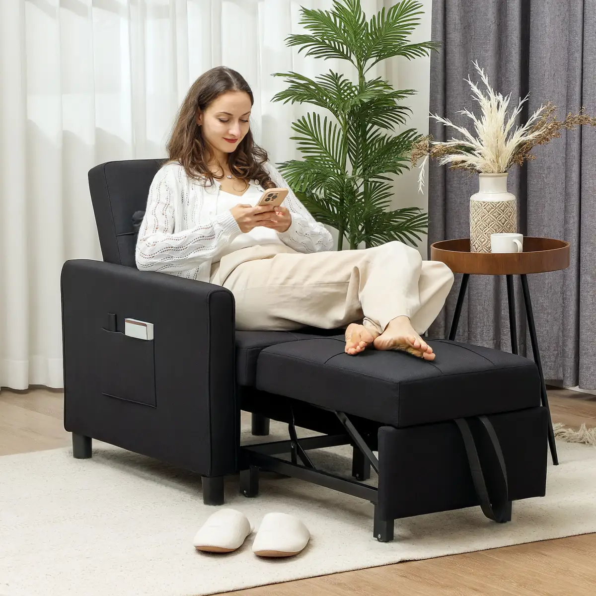 HOMCOM HOMCOM Folding Chair Bed, Sleeper Chair with Pillow, Side Pockets, Black - Sofa Bed