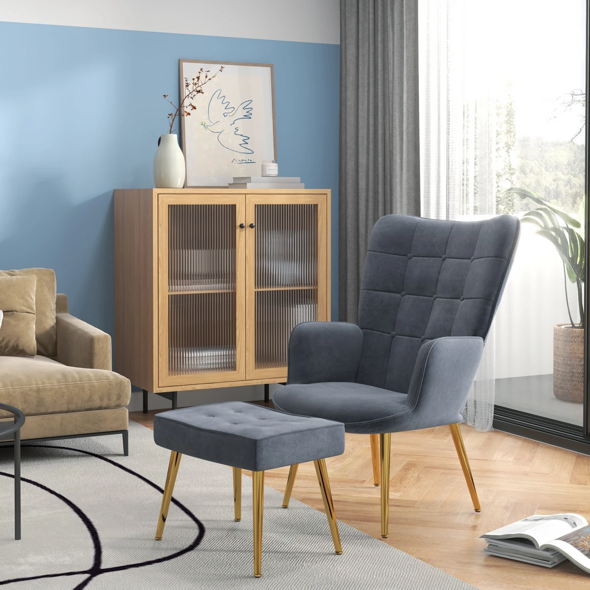HOMCOM Armchair Footstool Button Tufted Gold Legs - Armchair